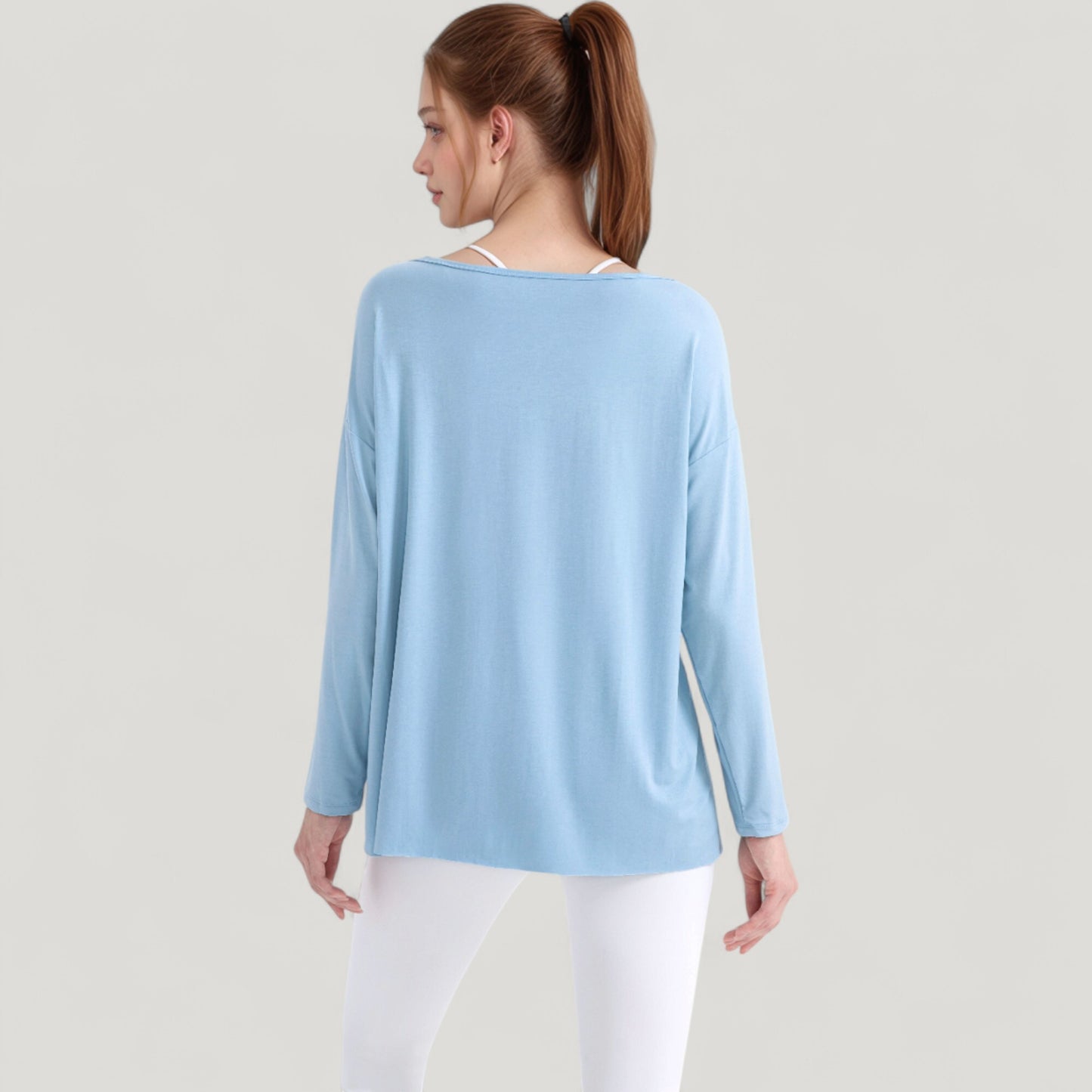 Long Sleeve Pullover Top with Cutout Scoop Neck and Side Slit Hem