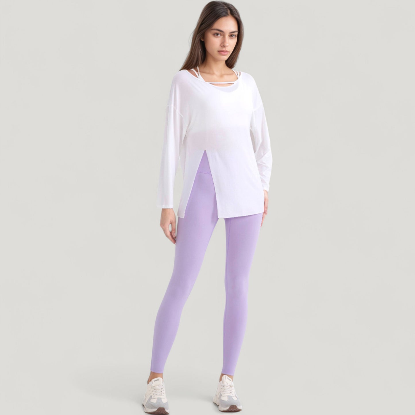 Long Sleeve Pullover Top with Cutout Scoop Neck and Side Slit Hem