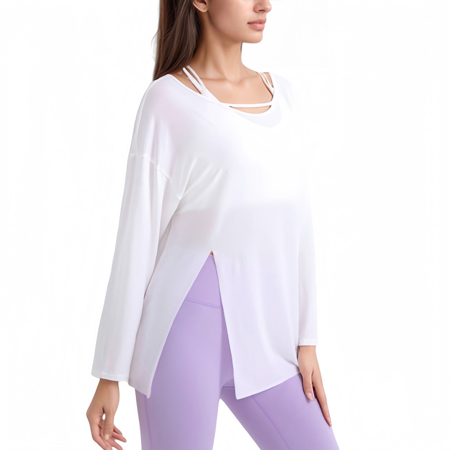 Long Sleeve Pullover Top with Cutout Scoop Neck and Side Slit Hem