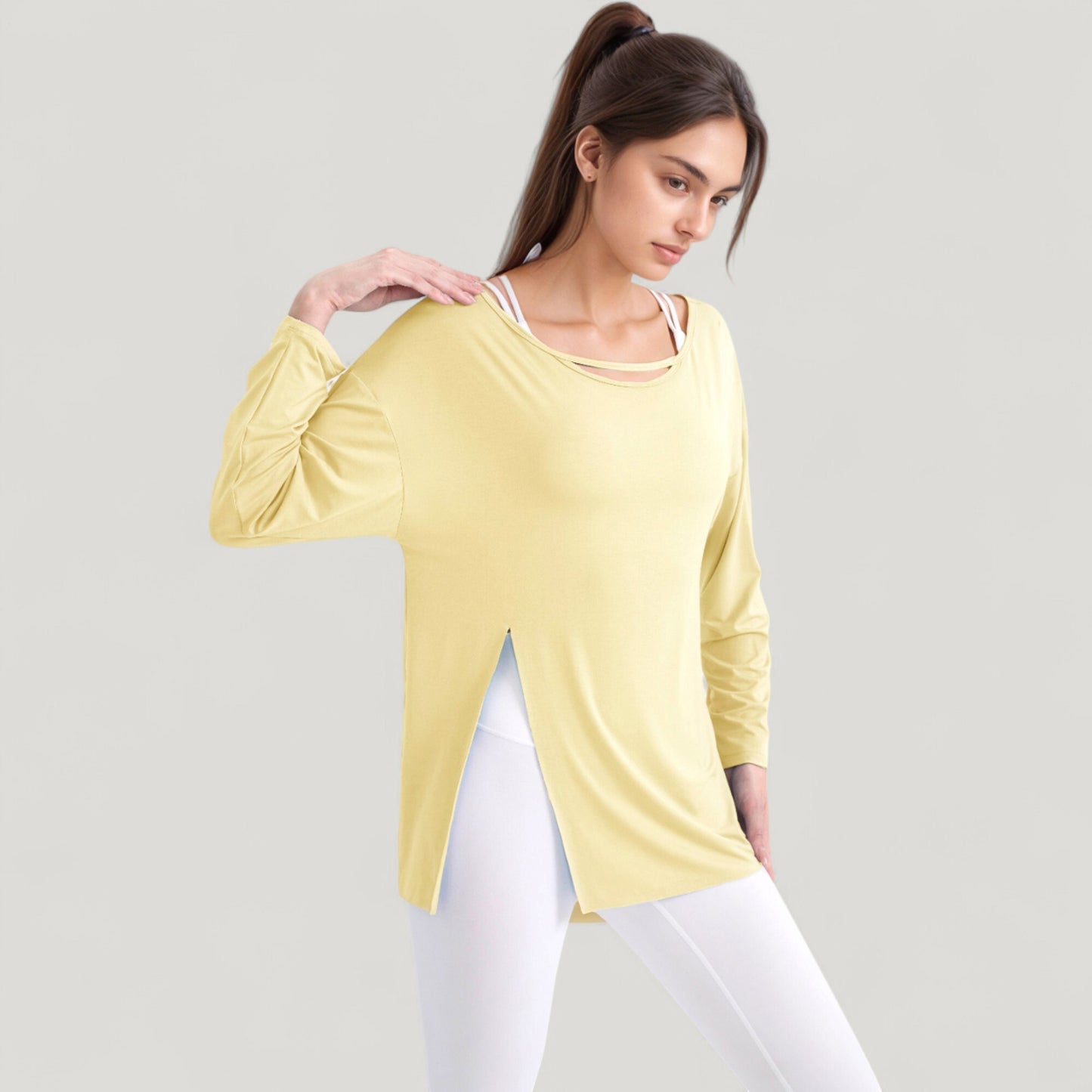Long Sleeve Pullover Top with Cutout Scoop Neck and Side Slit Hem