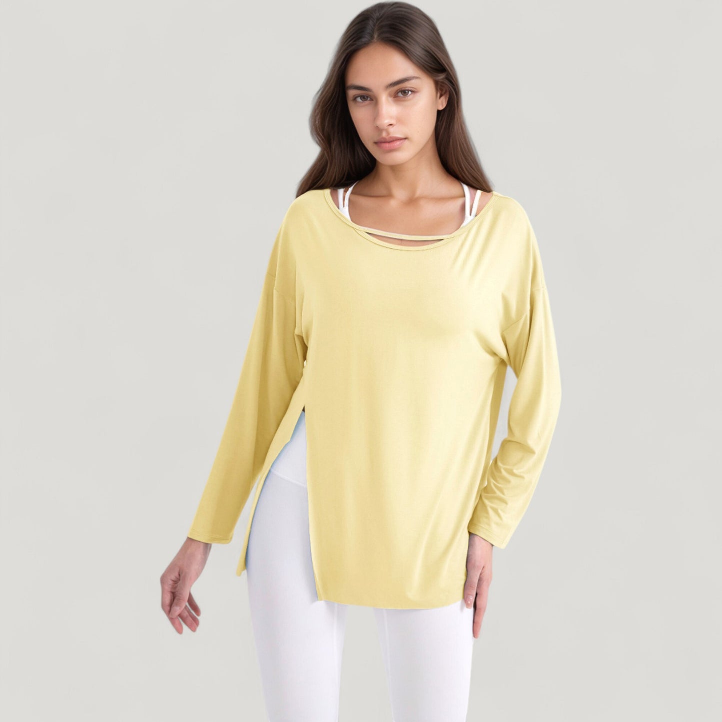 Long Sleeve Pullover Top with Cutout Scoop Neck and Side Slit Hem