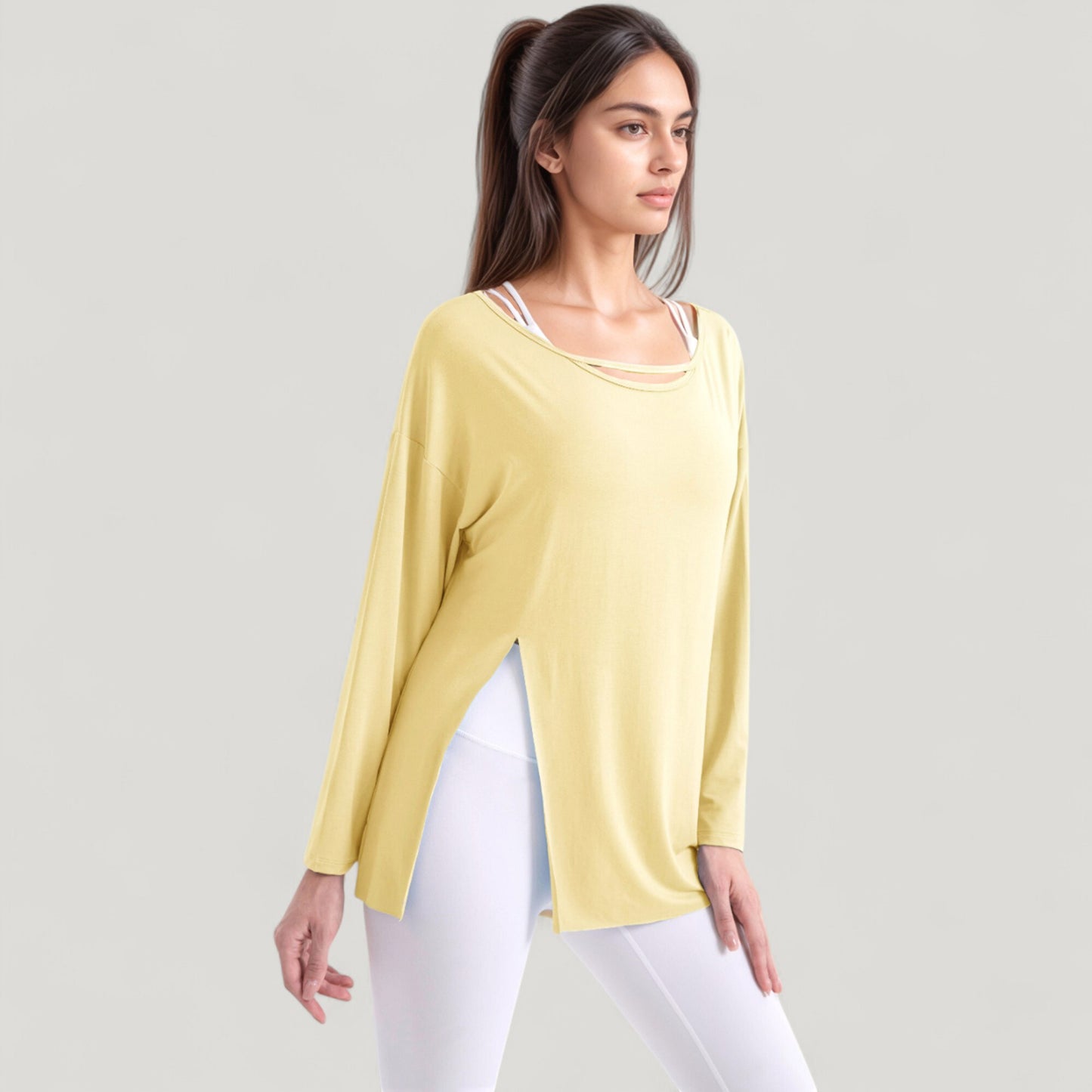 Long Sleeve Pullover Top with Cutout Scoop Neck and Side Slit Hem