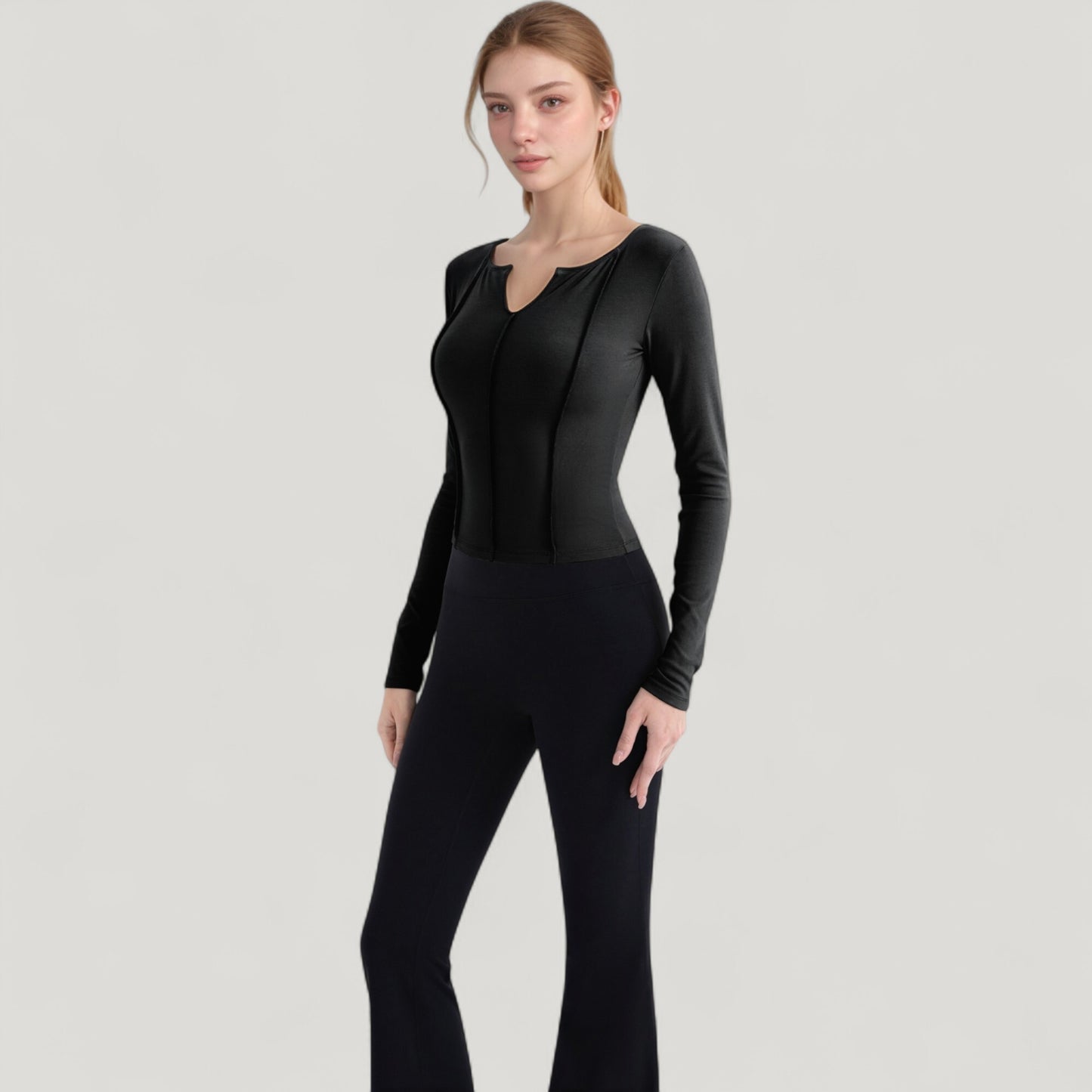 Long Sleeve Fitted Athletic Top with Notch Neckline and Contoured Seams