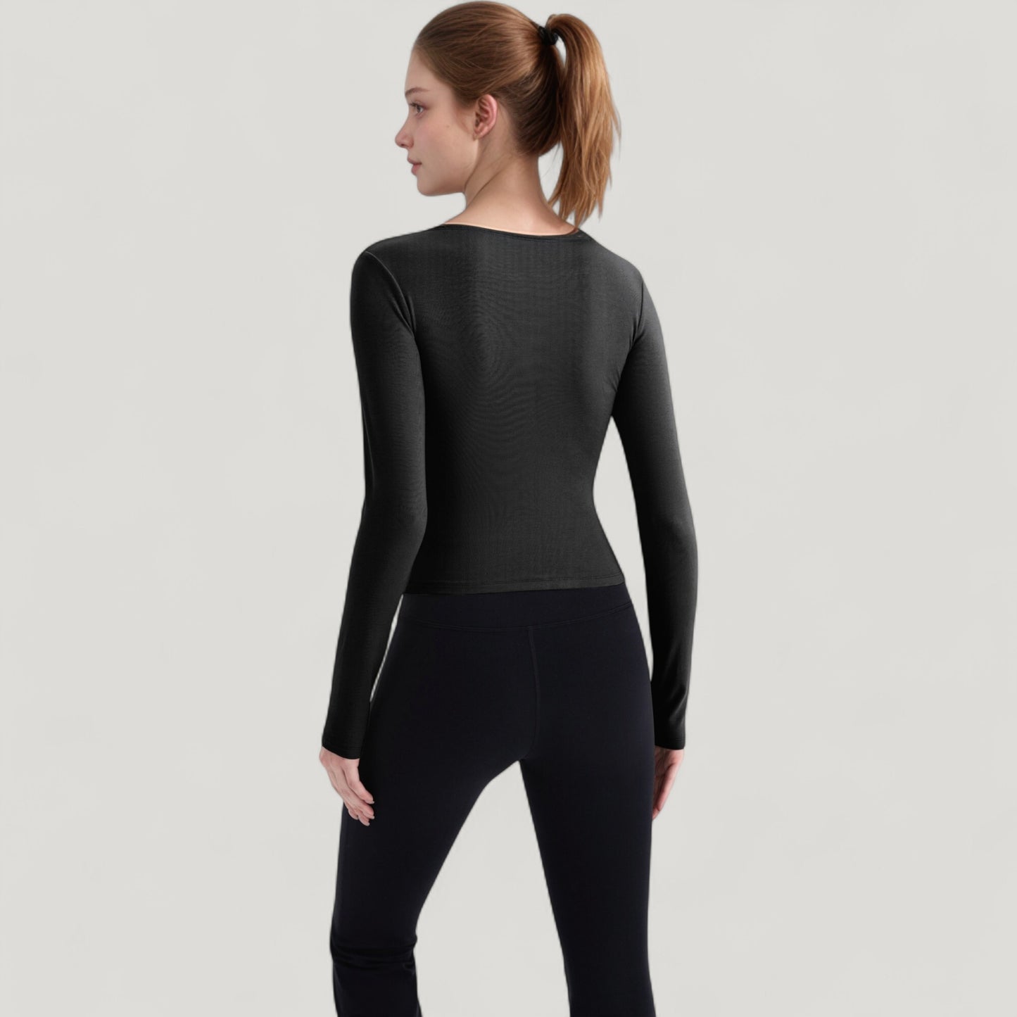Long Sleeve Fitted Athletic Top with Notch Neckline and Contoured Seams