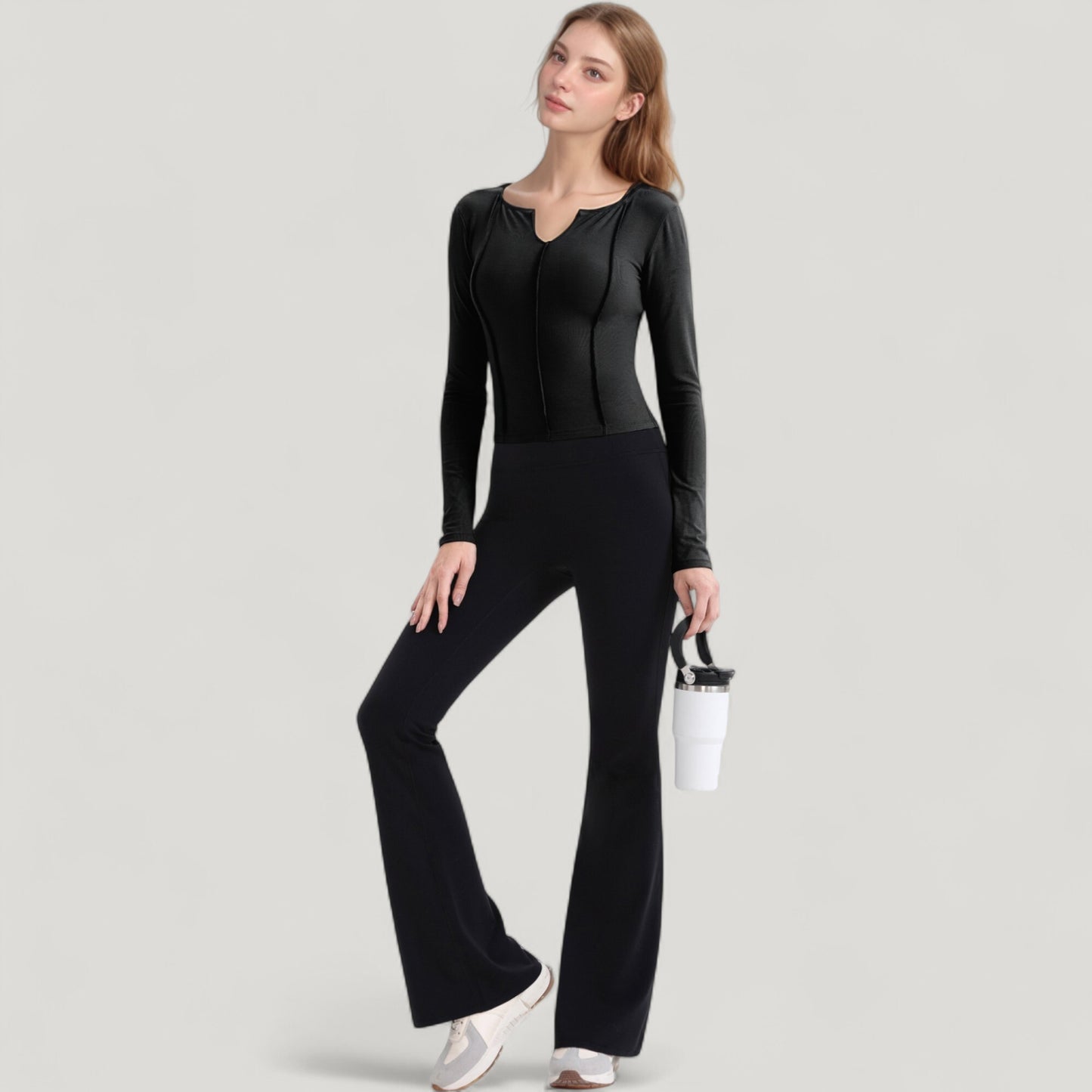 Long Sleeve Fitted Athletic Top with Notch Neckline and Contoured Seams