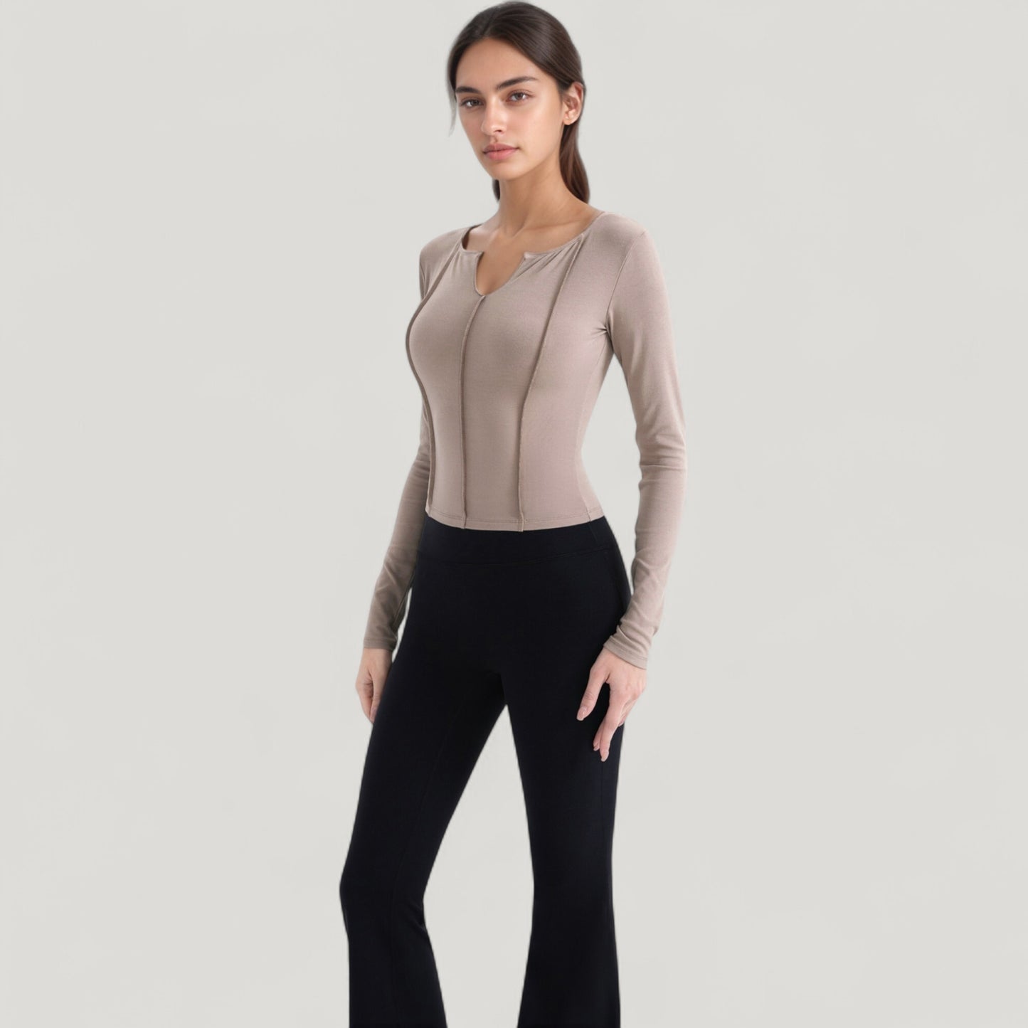 Long Sleeve Fitted Athletic Top with Notch Neckline and Contoured Seams