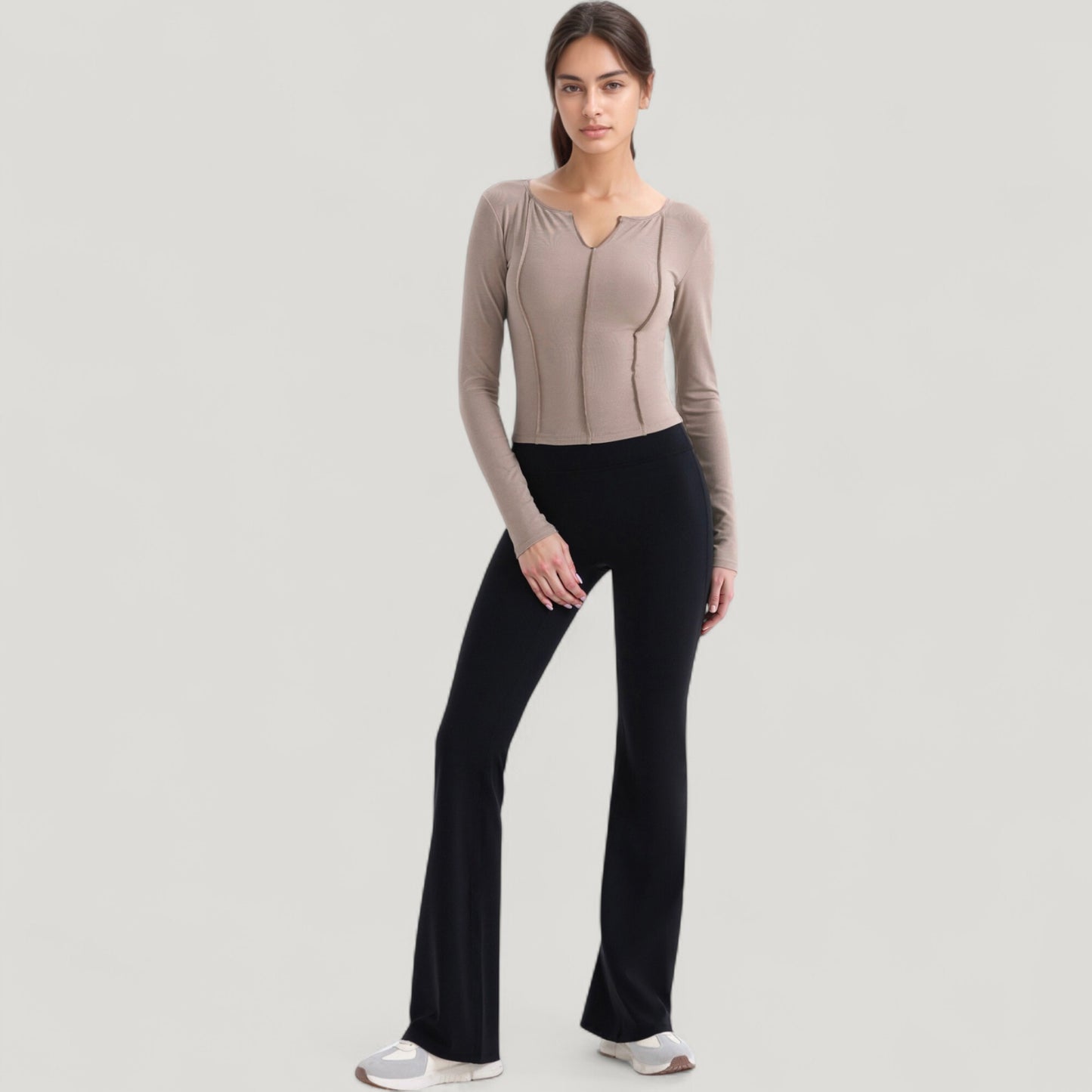 Long Sleeve Fitted Athletic Top with Notch Neckline and Contoured Seams