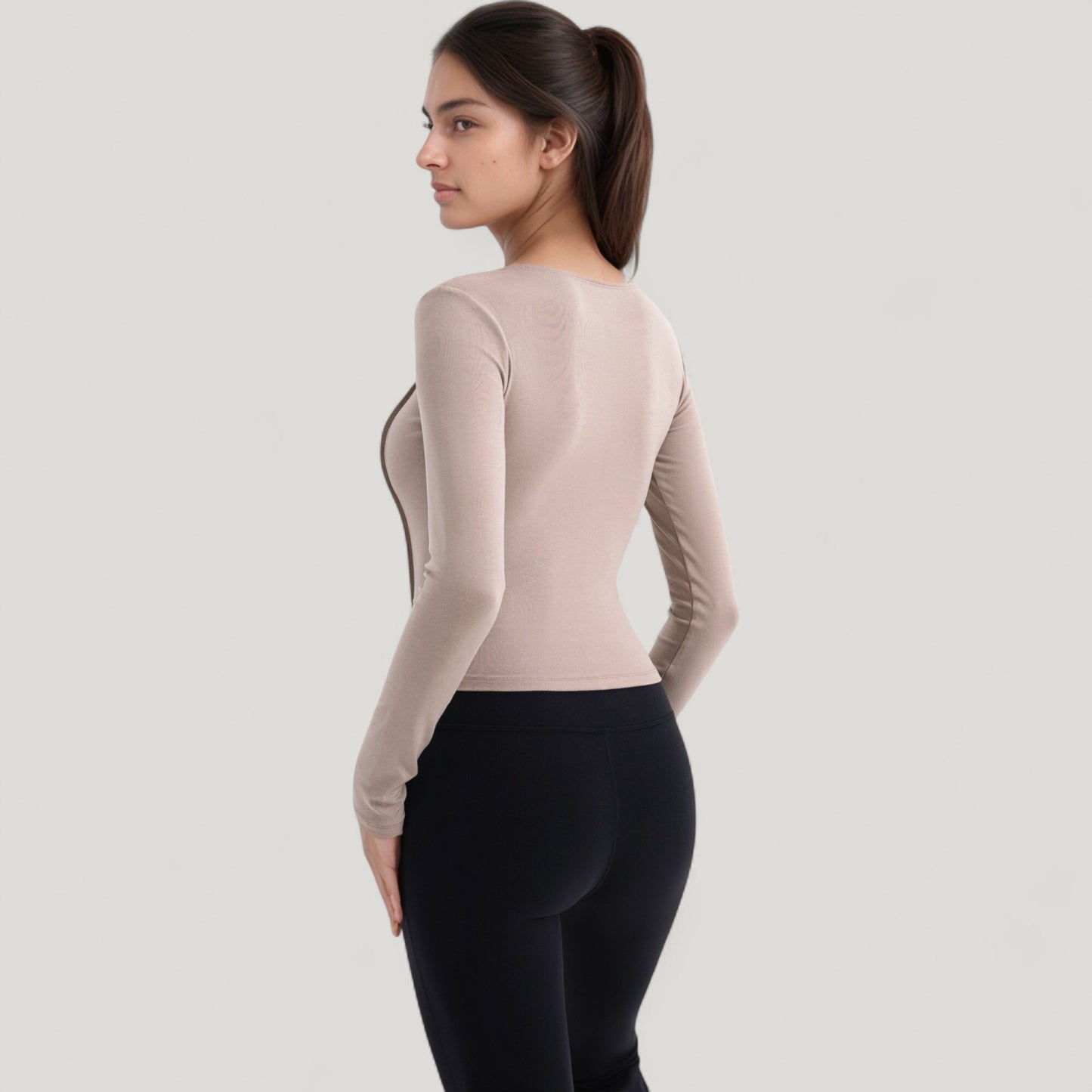 Long Sleeve Fitted Athletic Top with Notch Neckline and Contoured Seams