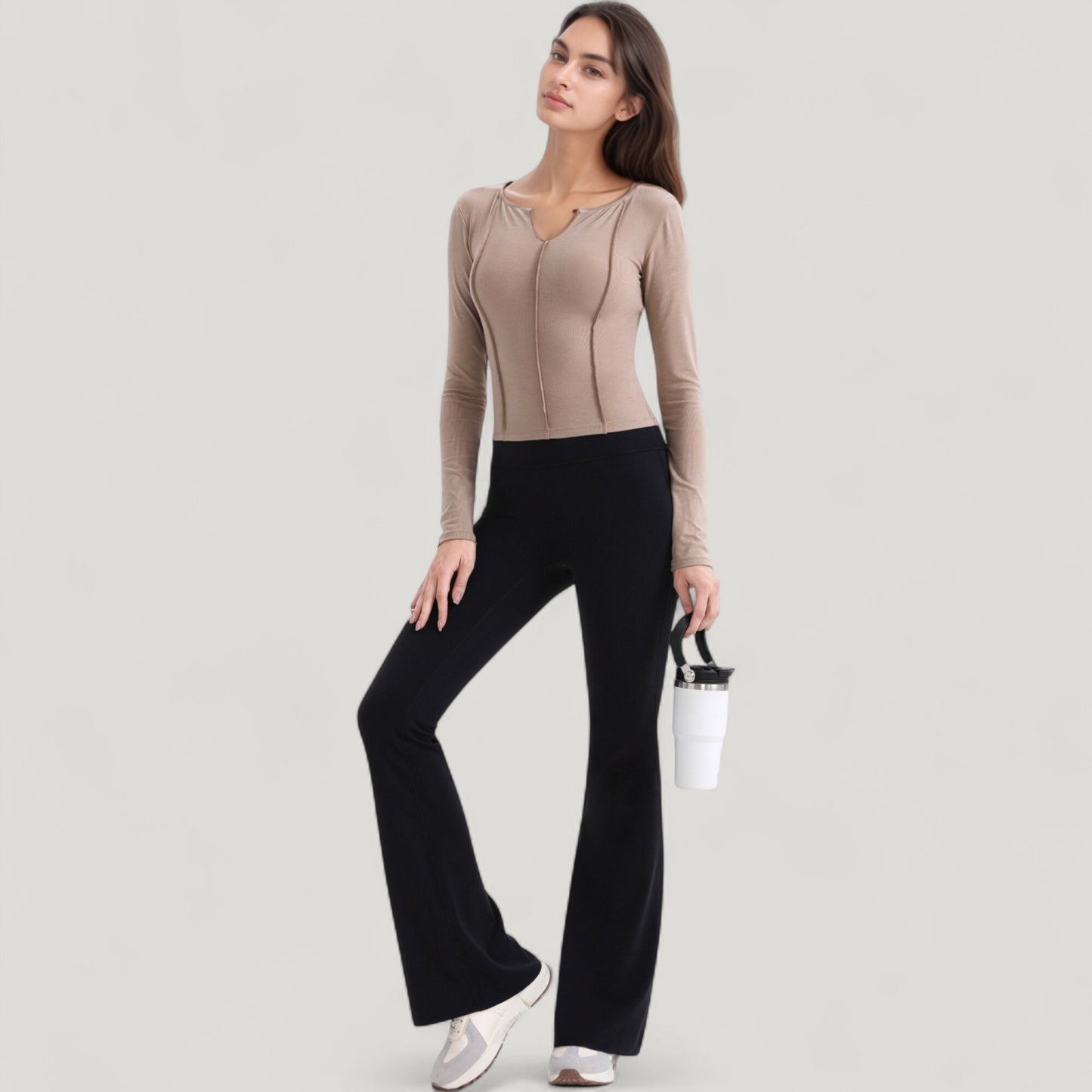 Long Sleeve Fitted Athletic Top with Notch Neckline and Contoured Seams