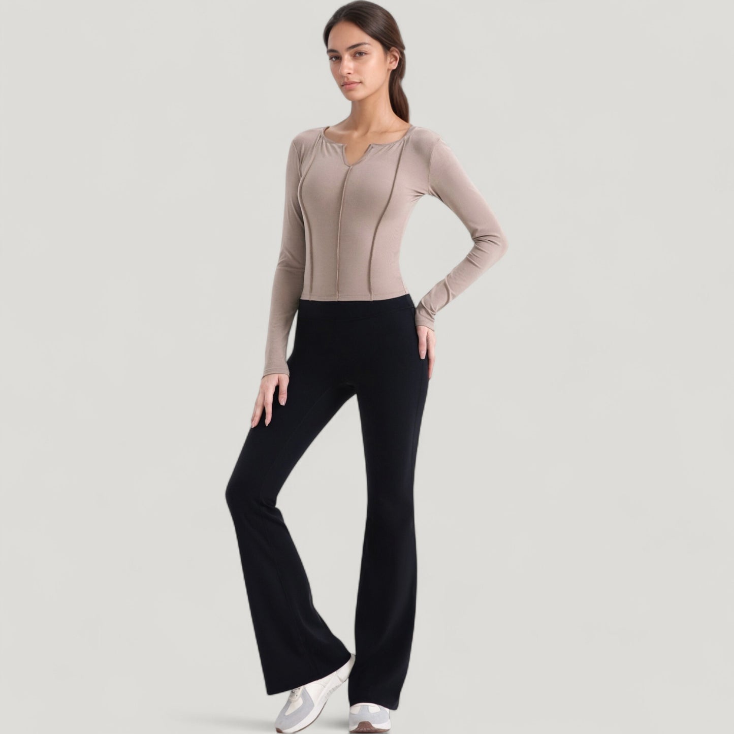 Long Sleeve Fitted Athletic Top with Notch Neckline and Contoured Seams