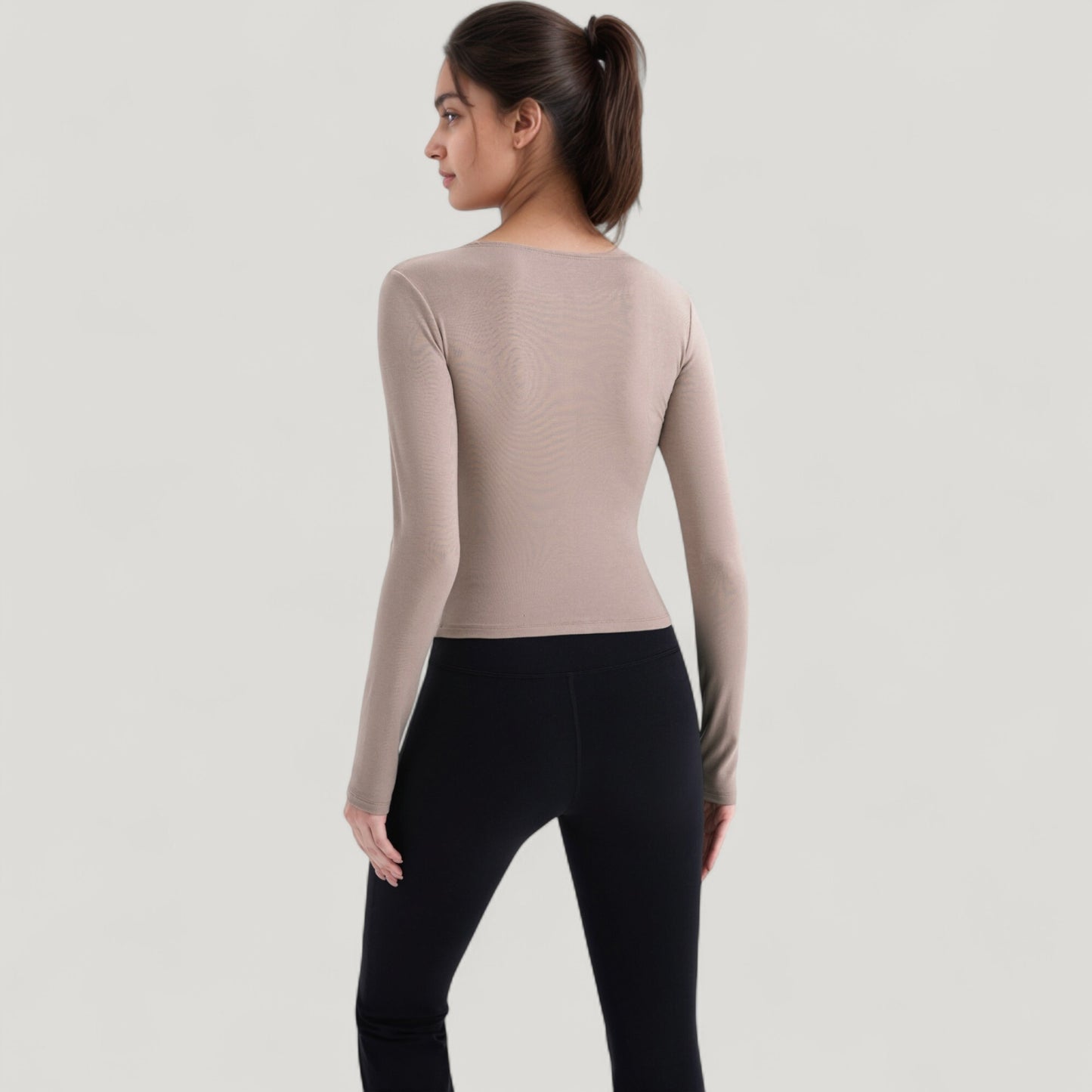 Long Sleeve Fitted Athletic Top with Notch Neckline and Contoured Seams