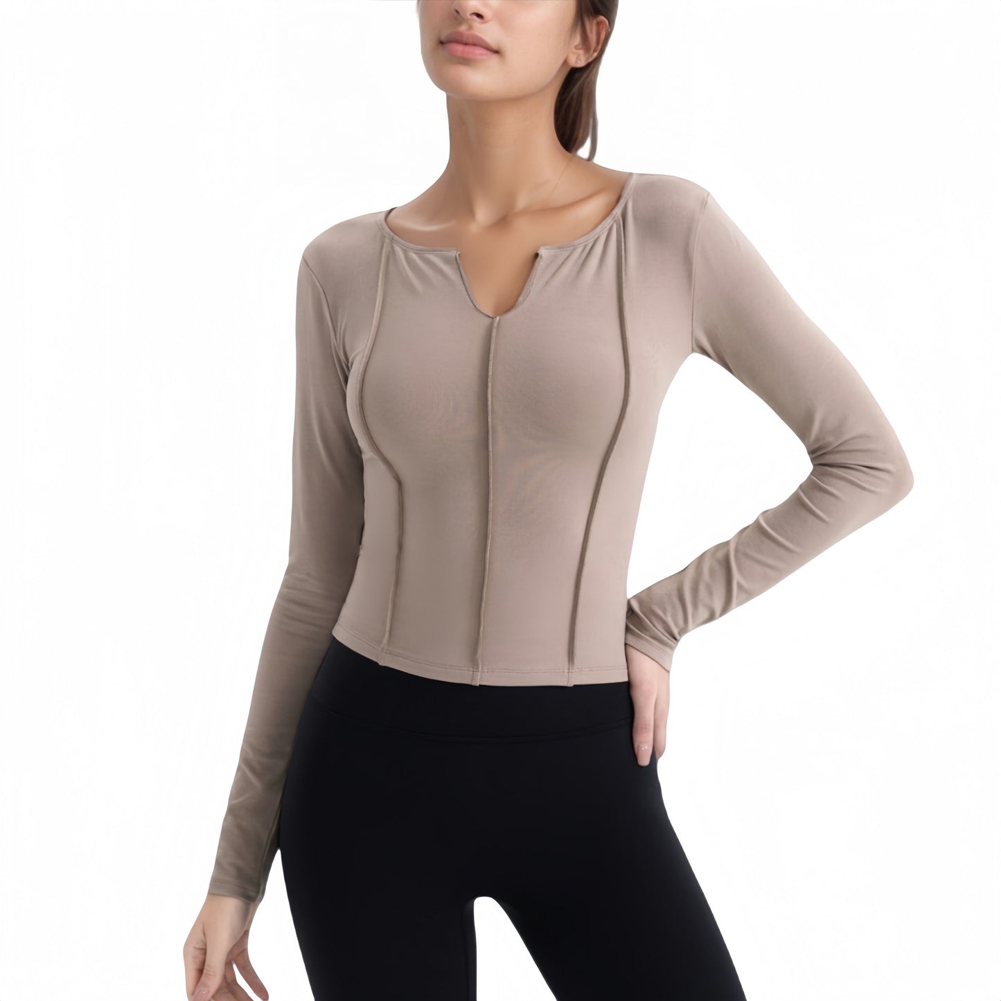 Long Sleeve Fitted Athletic Top with Notch Neckline and Contoured Seams