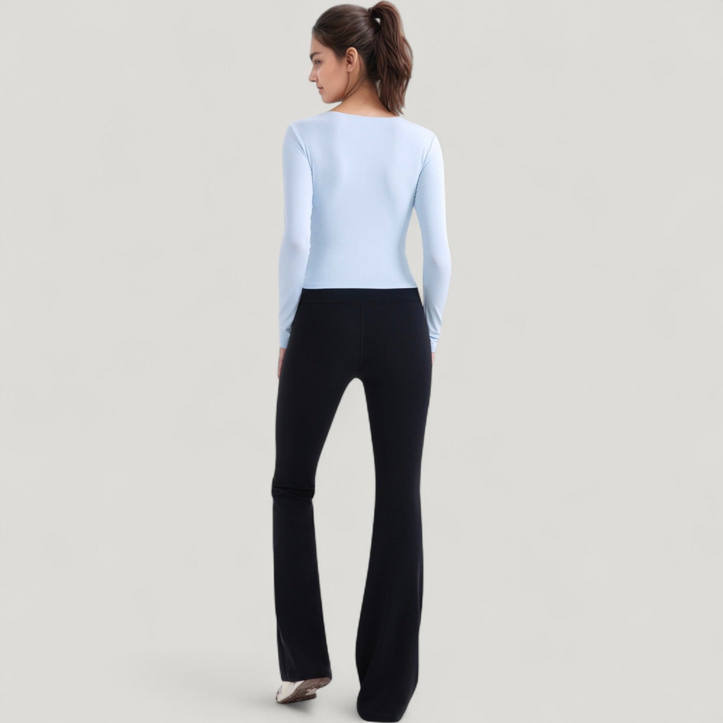 Long Sleeve Fitted Athletic Top with Notch Neckline and Contoured Seams