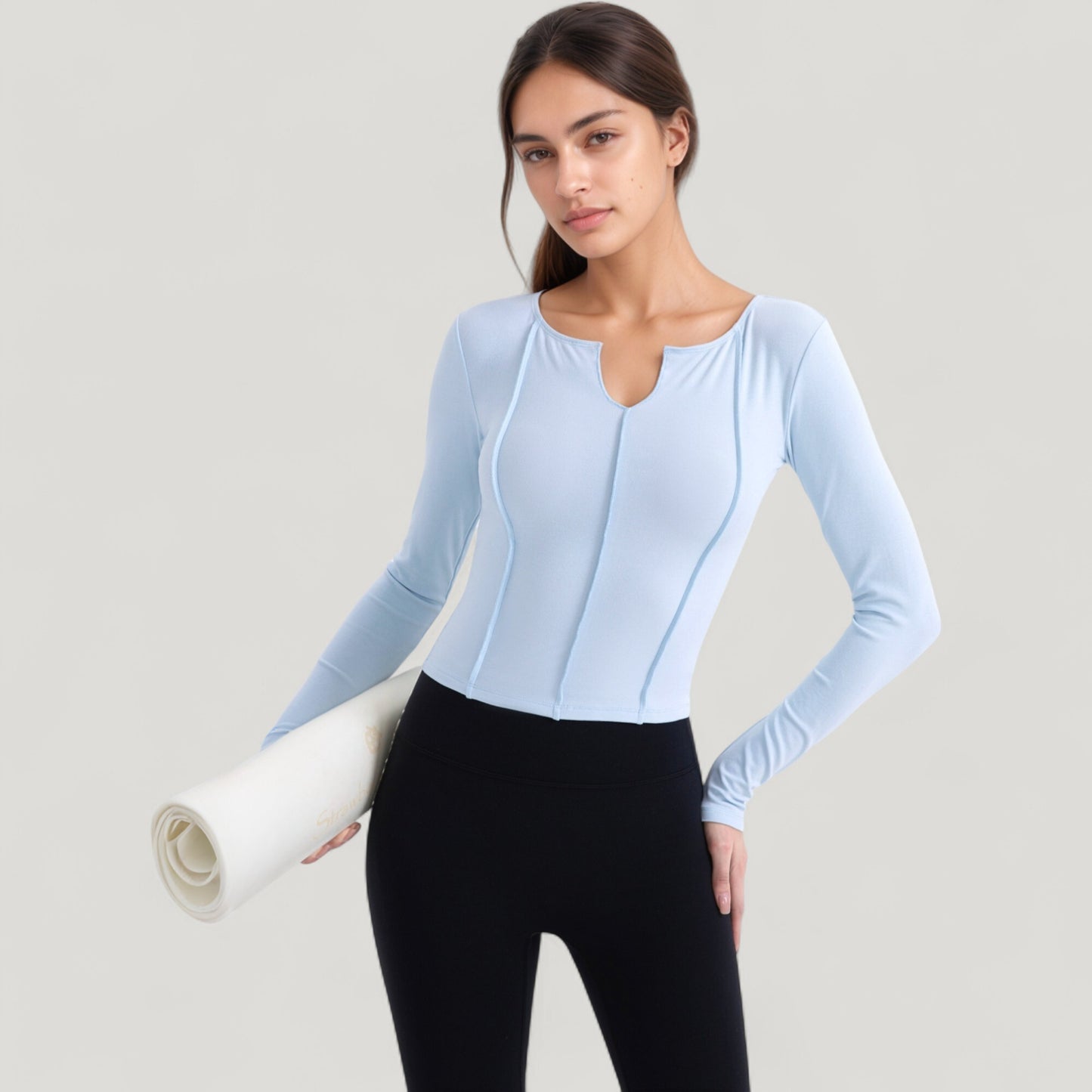 Long Sleeve Fitted Athletic Top with Notch Neckline and Contoured Seams