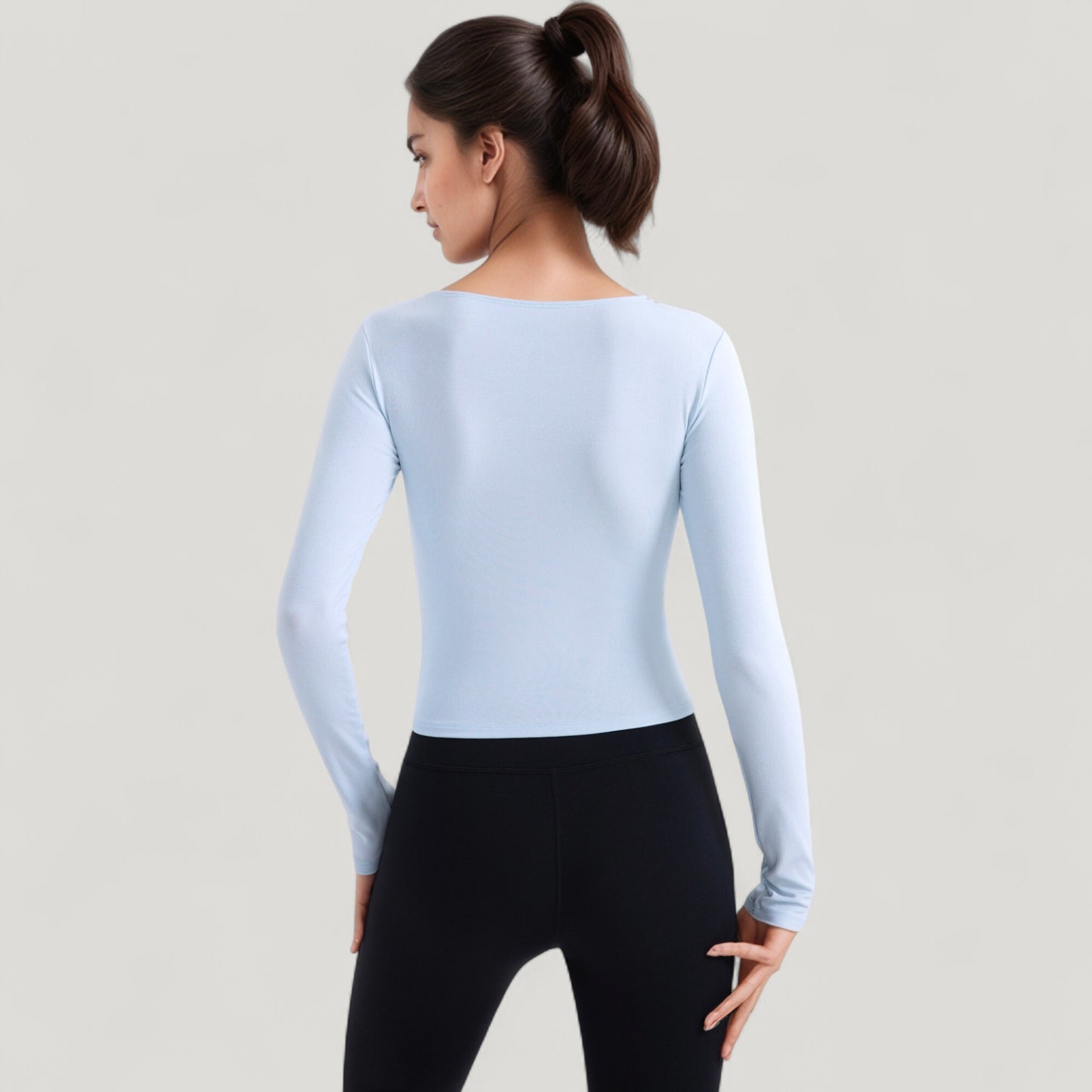 Long Sleeve Fitted Athletic Top with Notch Neckline and Contoured Seams