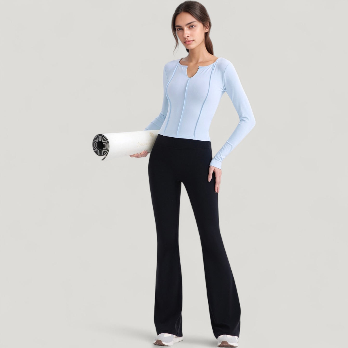 Long Sleeve Fitted Athletic Top with Notch Neckline and Contoured Seams