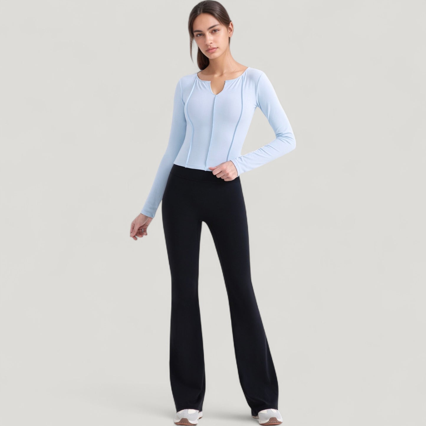 Long Sleeve Fitted Athletic Top with Notch Neckline and Contoured Seams