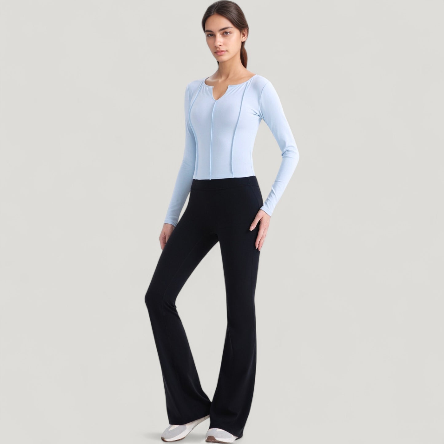 Long Sleeve Fitted Athletic Top with Notch Neckline and Contoured Seams