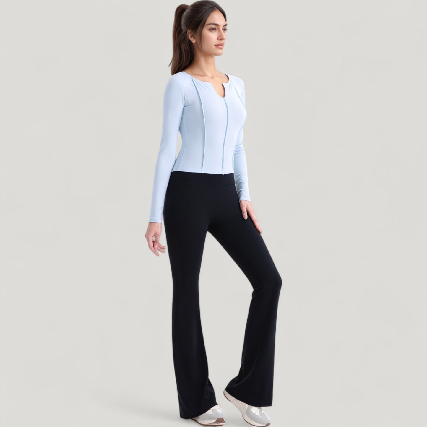 Long Sleeve Fitted Athletic Top with Notch Neckline and Contoured Seams