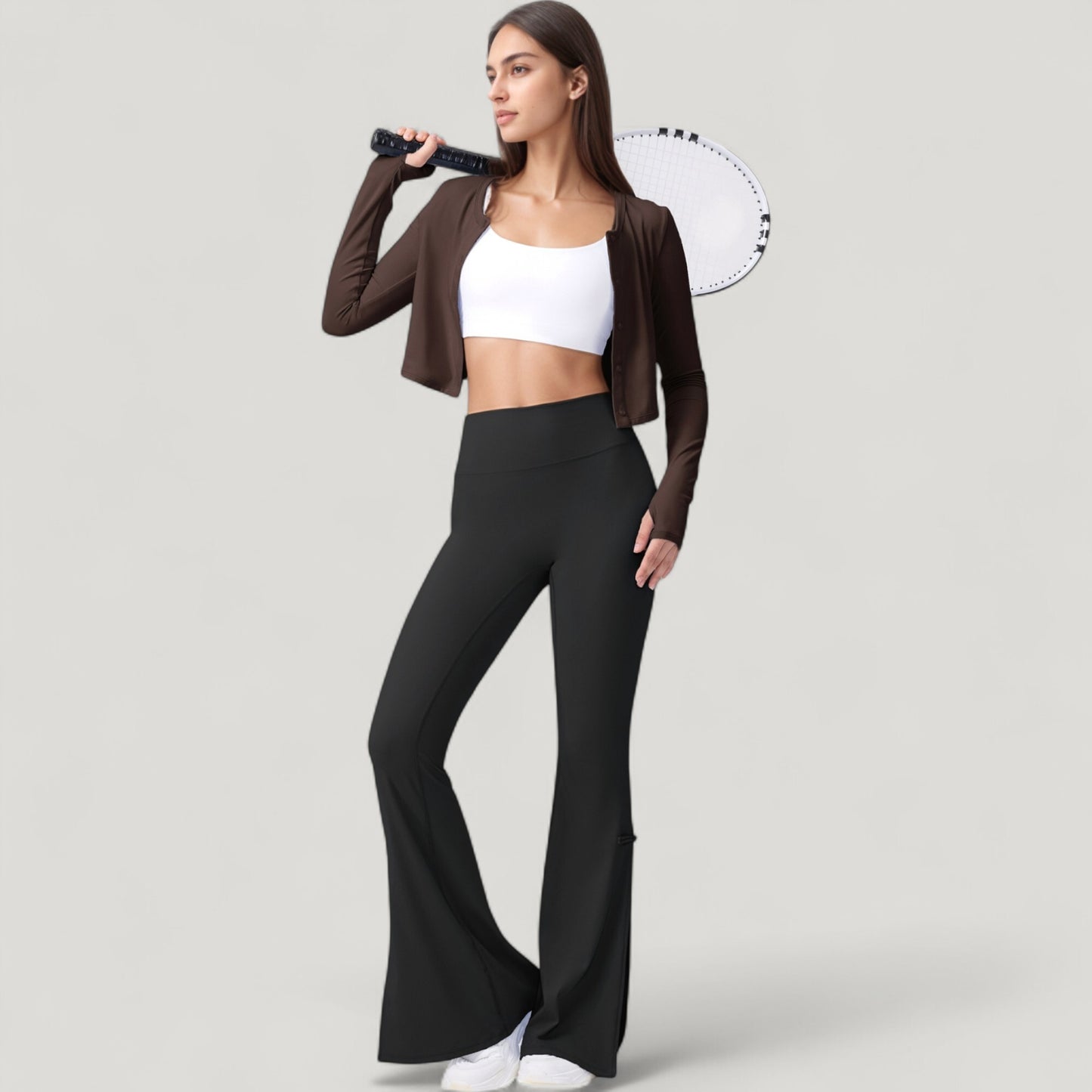 Long Sleeve Cropped Button Front Top with Fitted Stretch Design