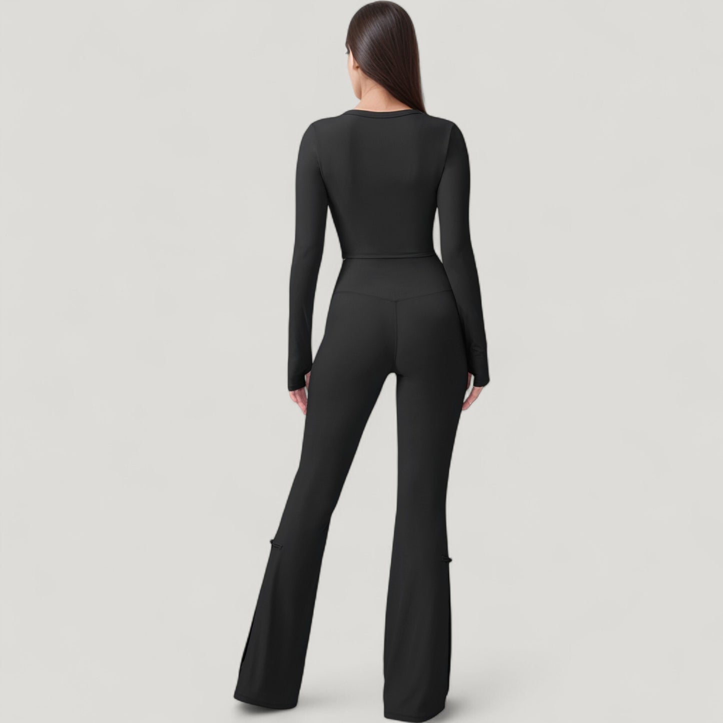 Long Sleeve Cropped Button Front Top with Fitted Stretch Design
