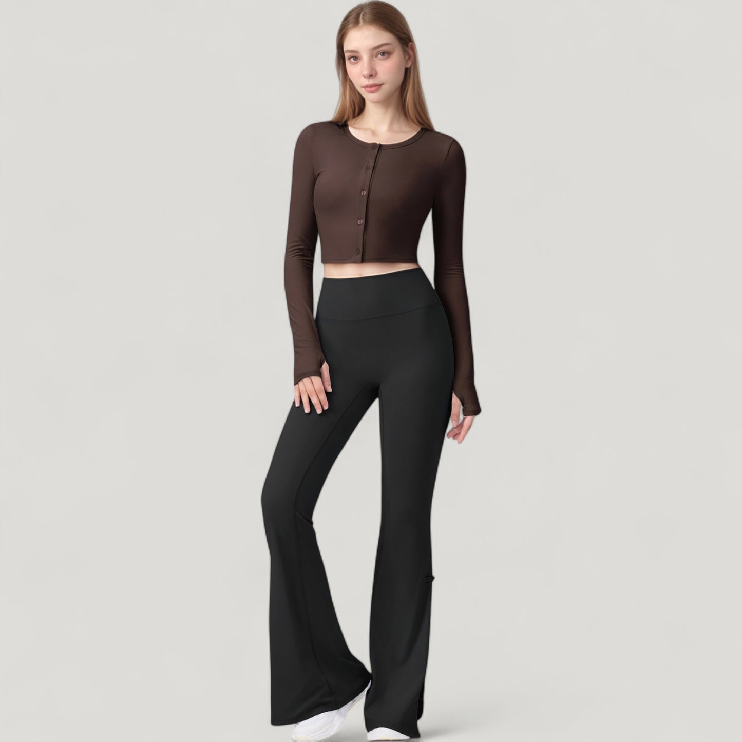 Long Sleeve Cropped Button Front Top with Fitted Stretch Design