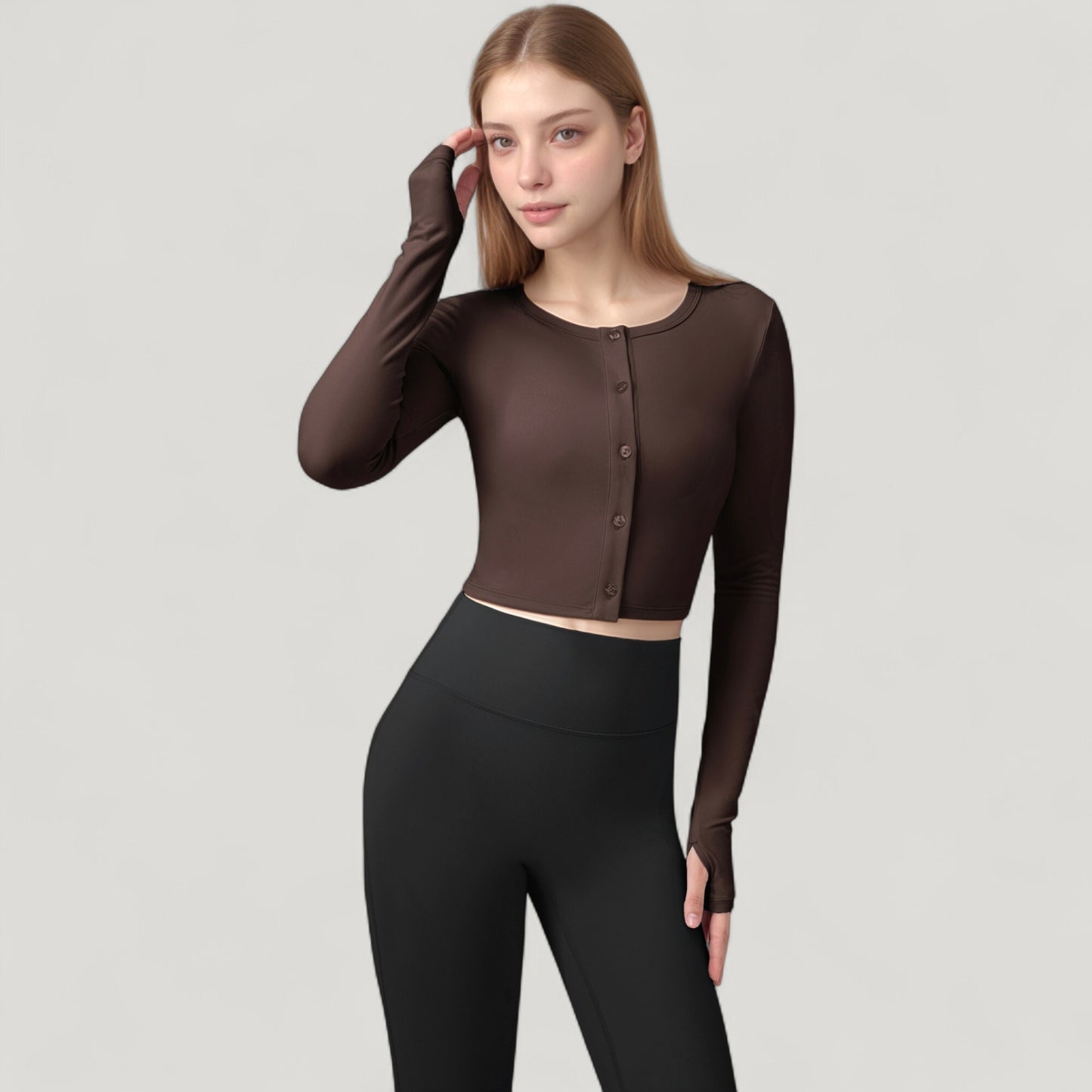 Long Sleeve Cropped Button Front Top with Fitted Stretch Design
