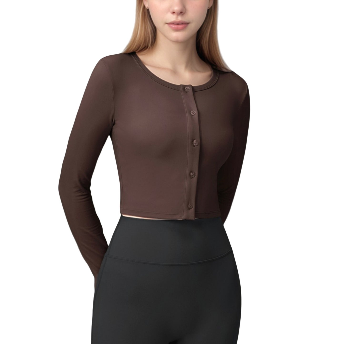 Long Sleeve Cropped Button Front Top with Fitted Stretch Design
