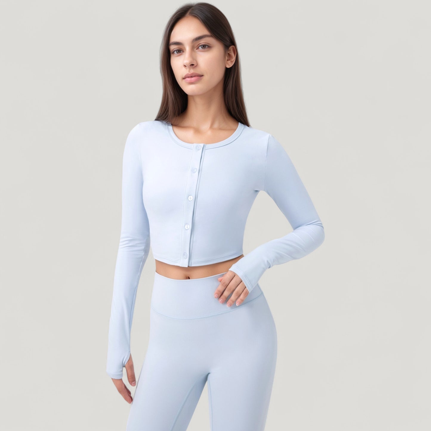 Long Sleeve Cropped Button Front Top with Fitted Stretch Design