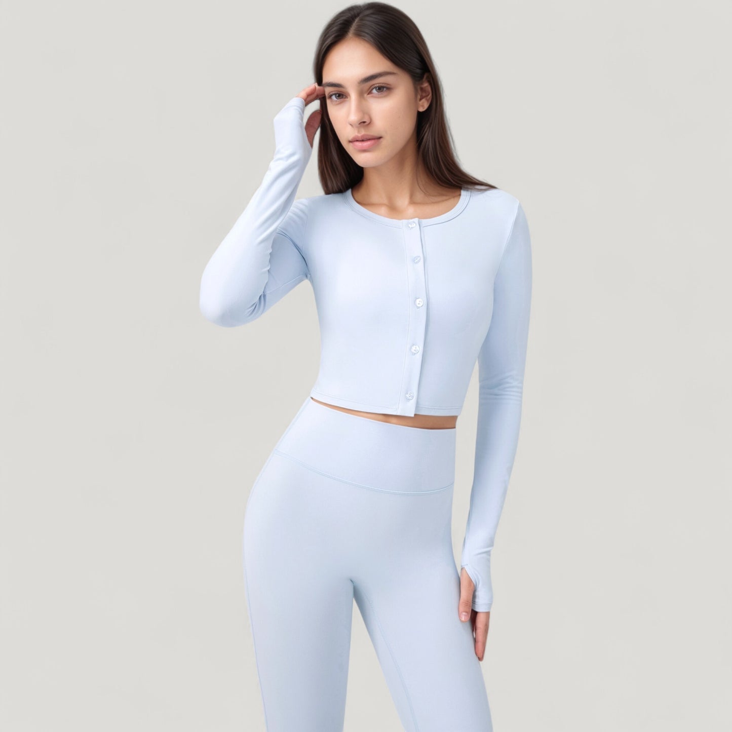 Long Sleeve Cropped Button Front Top with Fitted Stretch Design