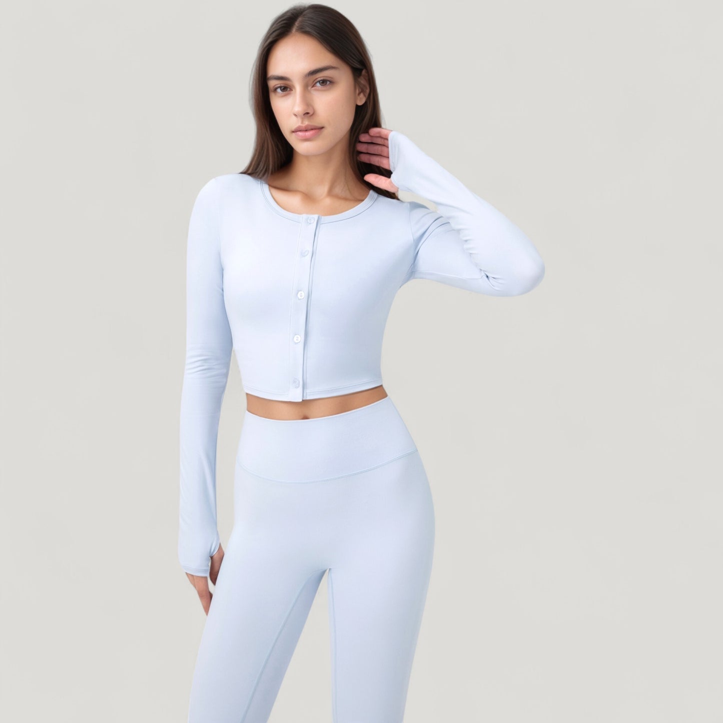 Long Sleeve Cropped Button Front Top with Fitted Stretch Design
