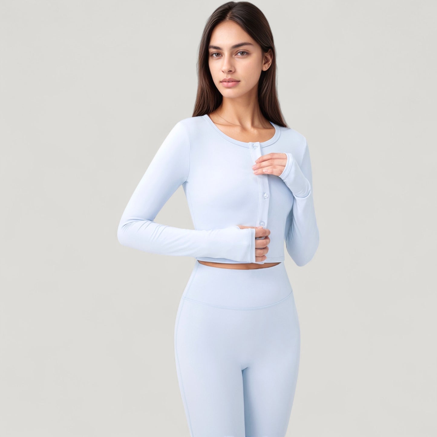 Long Sleeve Cropped Button Front Top with Fitted Stretch Design