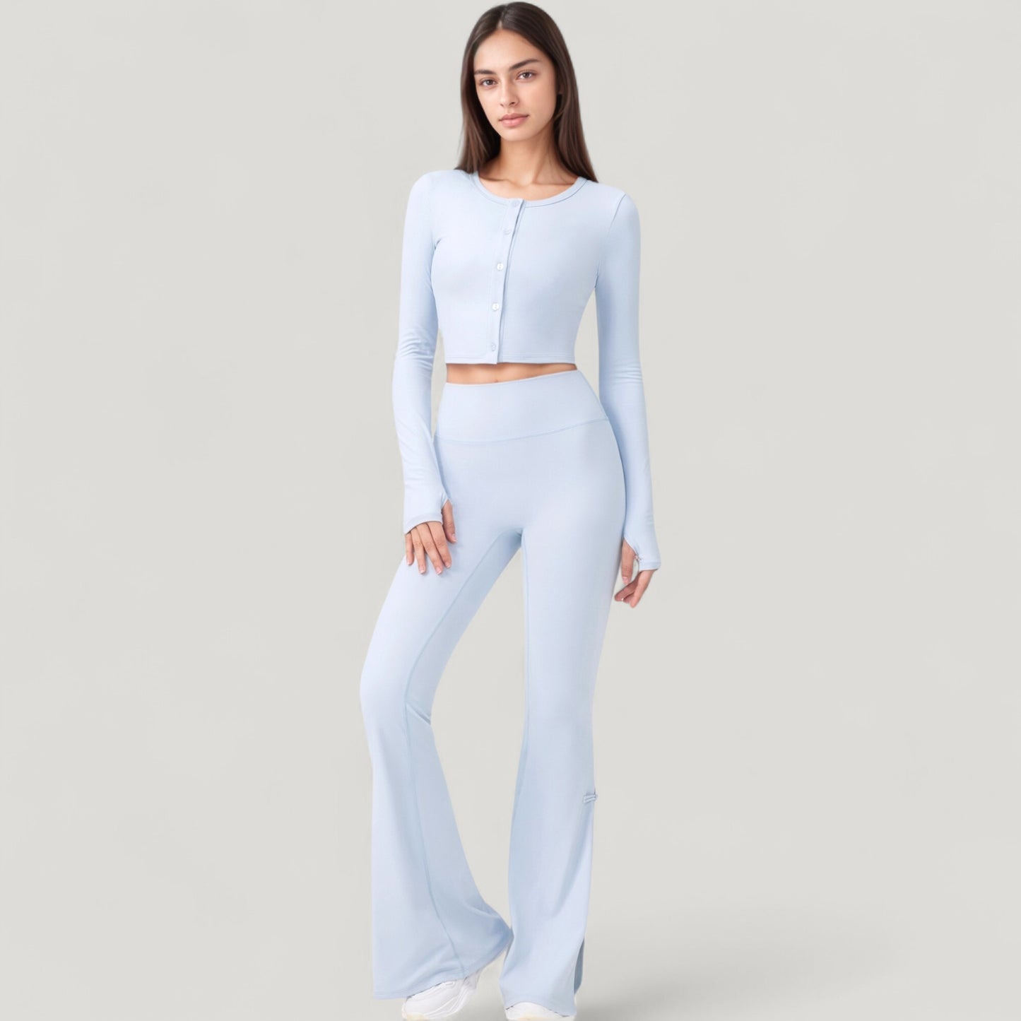 Long Sleeve Cropped Button Front Top with Fitted Stretch Design