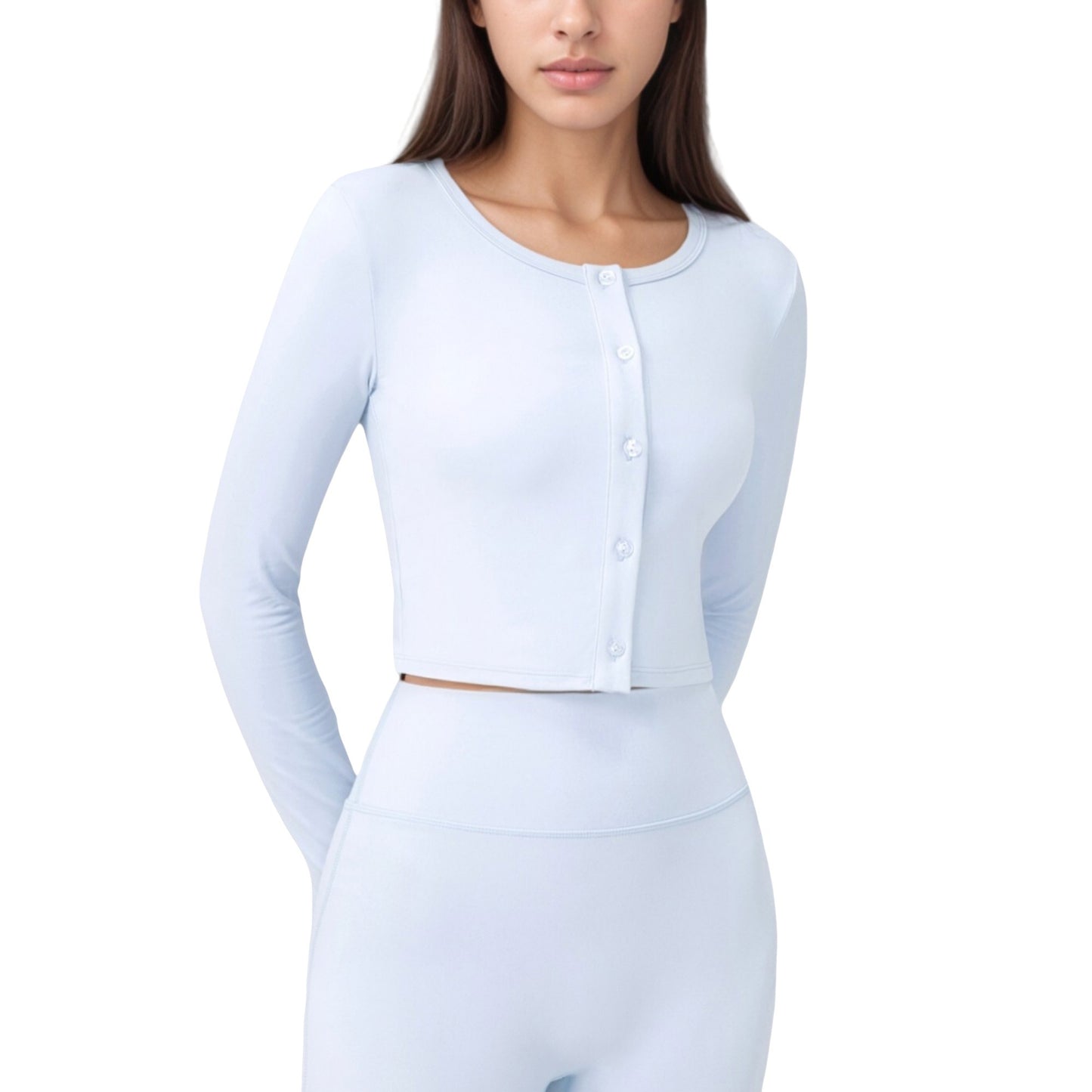 Long Sleeve Cropped Button Front Top with Fitted Stretch Design