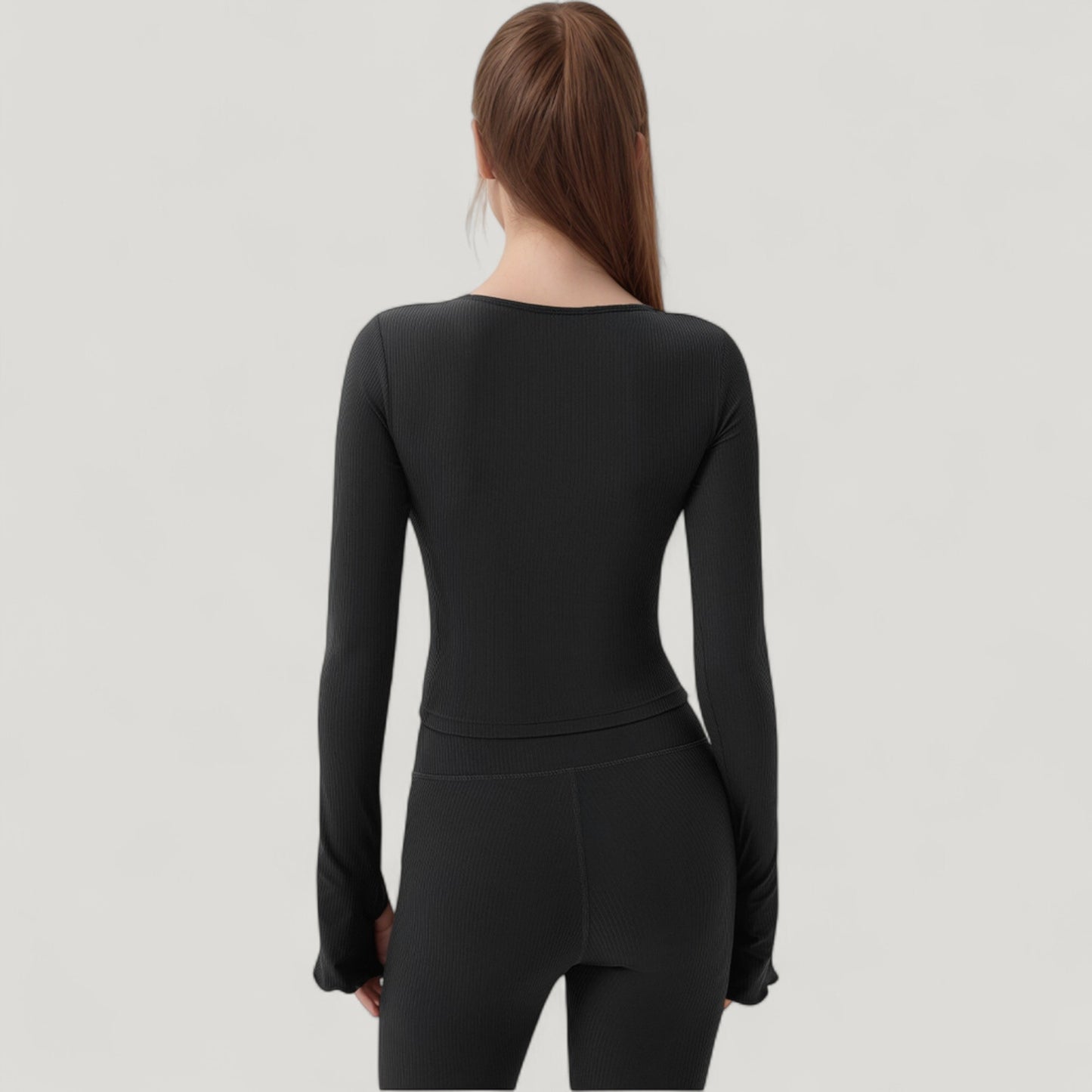 Long Sleeve Ribbed Knit Fitted Top with Asymmetrical Neckline and Thumbhole Cuffs