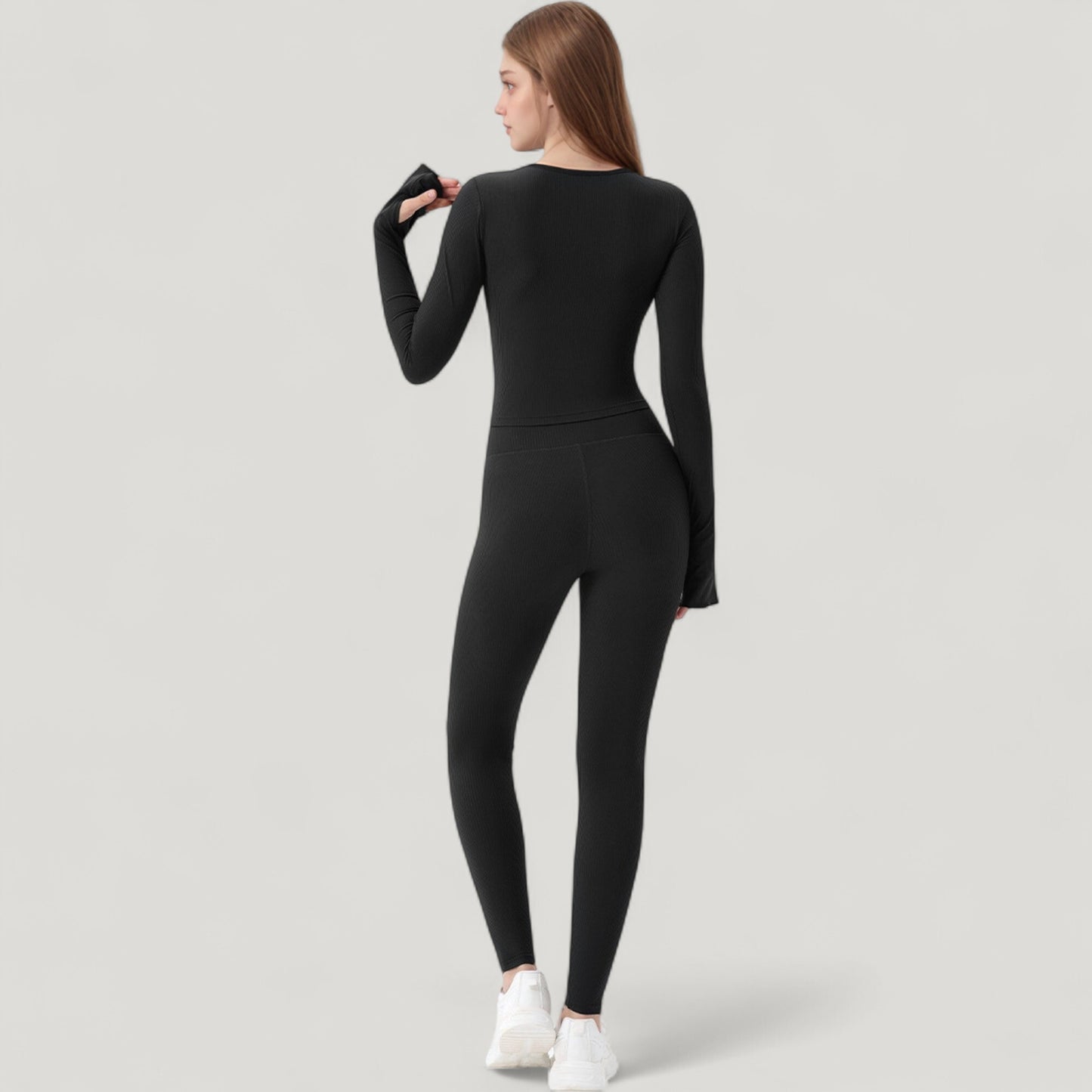 Long Sleeve Ribbed Knit Fitted Top with Asymmetrical Neckline and Thumbhole Cuffs