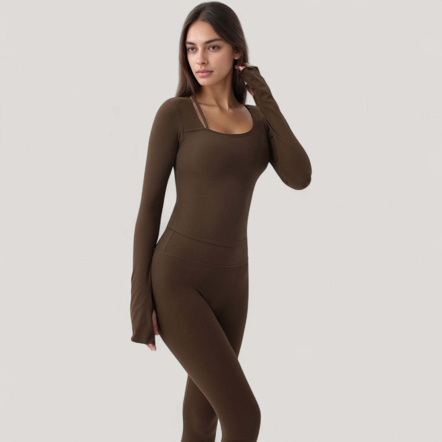 Long Sleeve Ribbed Knit Fitted Top with Asymmetrical Neckline and Thumbhole Cuffs