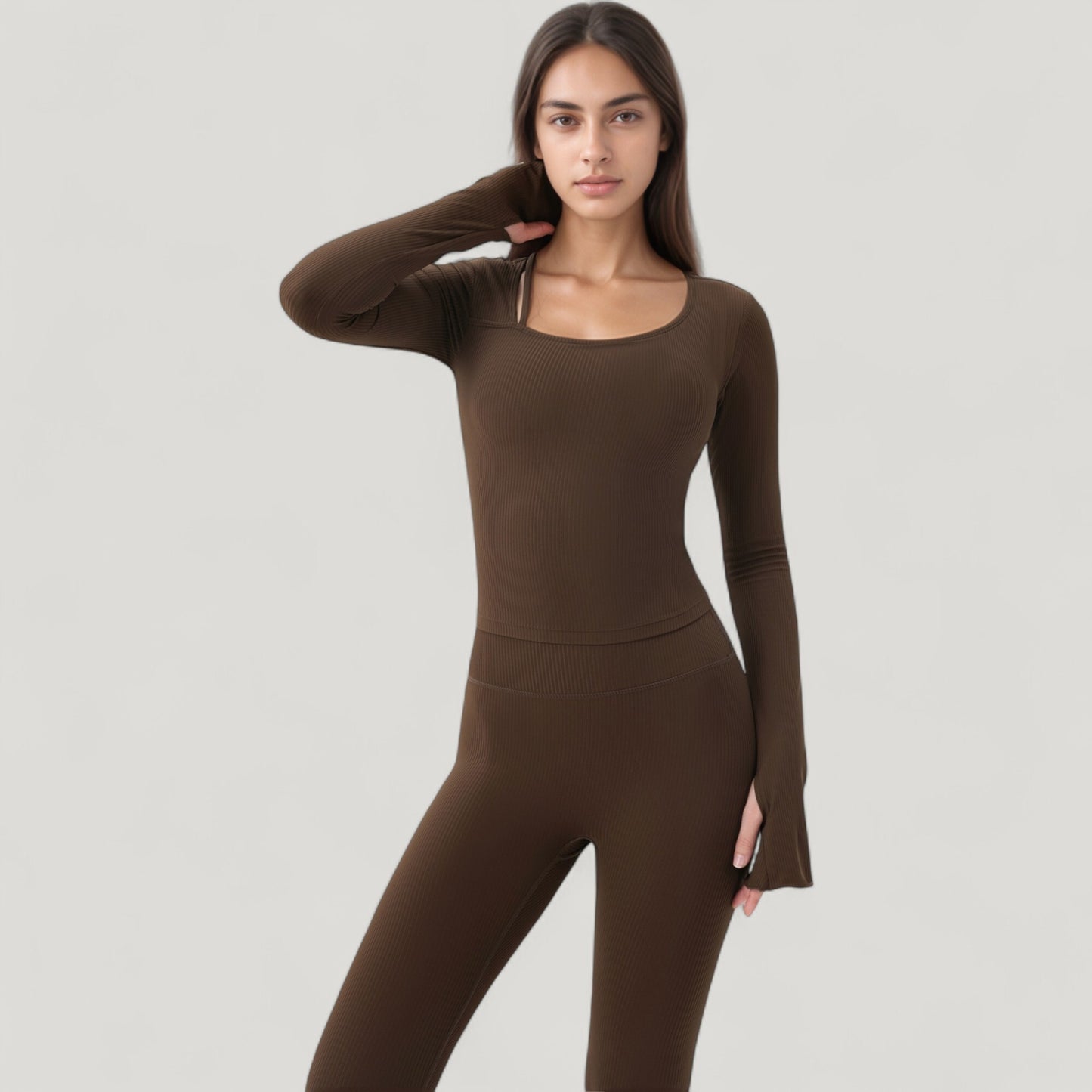 Long Sleeve Ribbed Knit Fitted Top with Asymmetrical Neckline and Thumbhole Cuffs