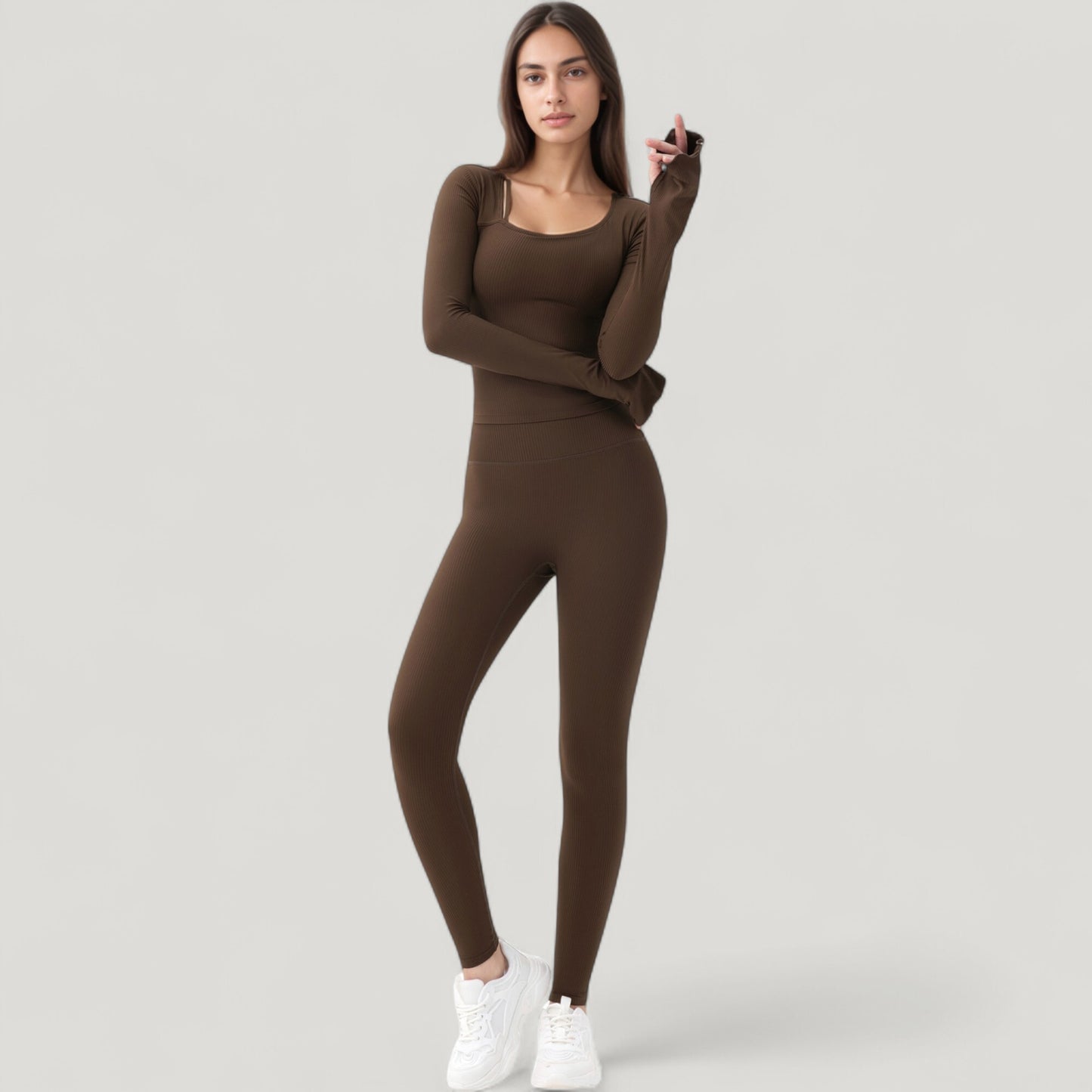 Long Sleeve Ribbed Knit Fitted Top with Asymmetrical Neckline and Thumbhole Cuffs