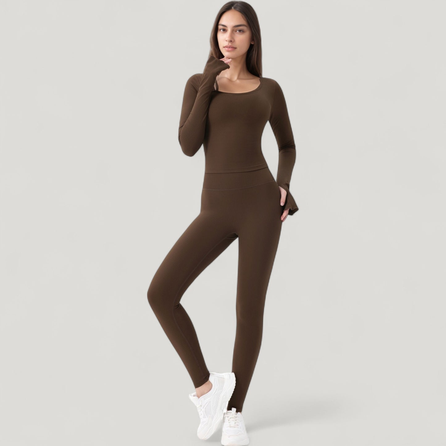 Long Sleeve Ribbed Knit Fitted Top with Asymmetrical Neckline and Thumbhole Cuffs