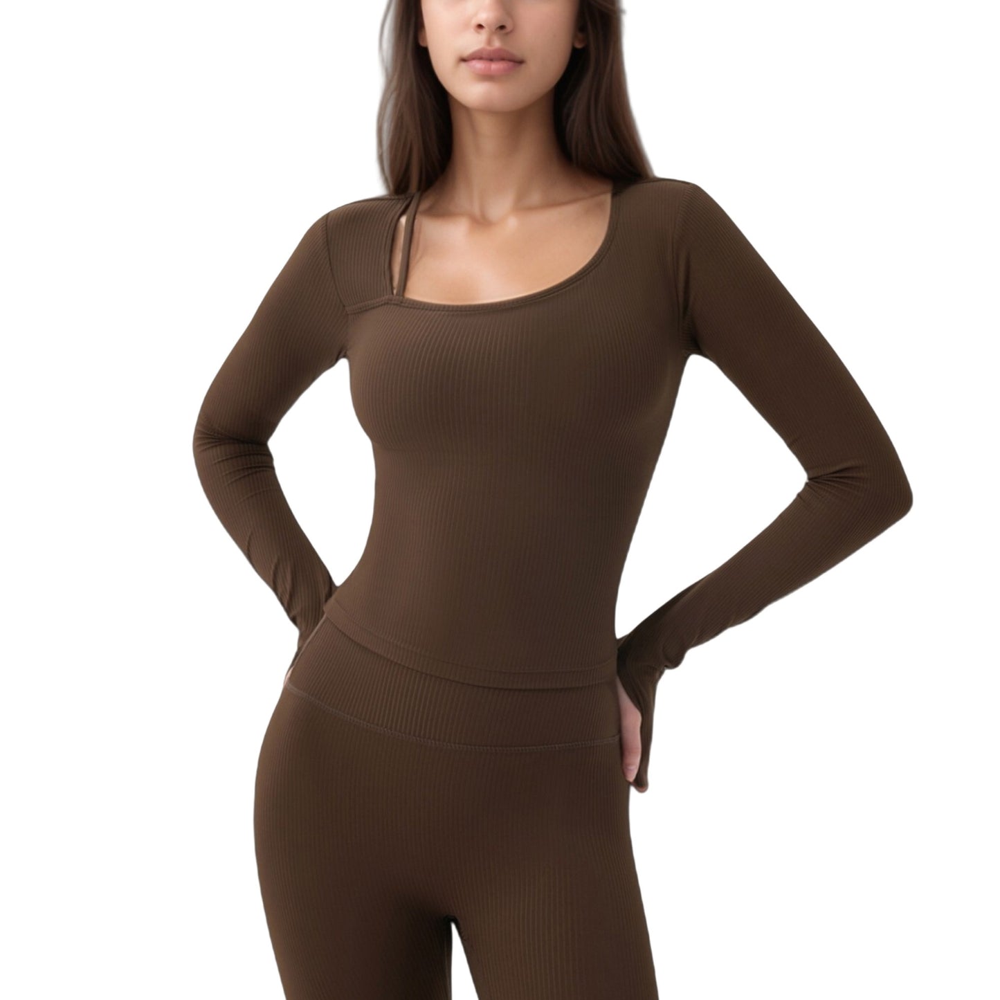 Long Sleeve Ribbed Knit Fitted Top with Asymmetrical Neckline and Thumbhole Cuffs