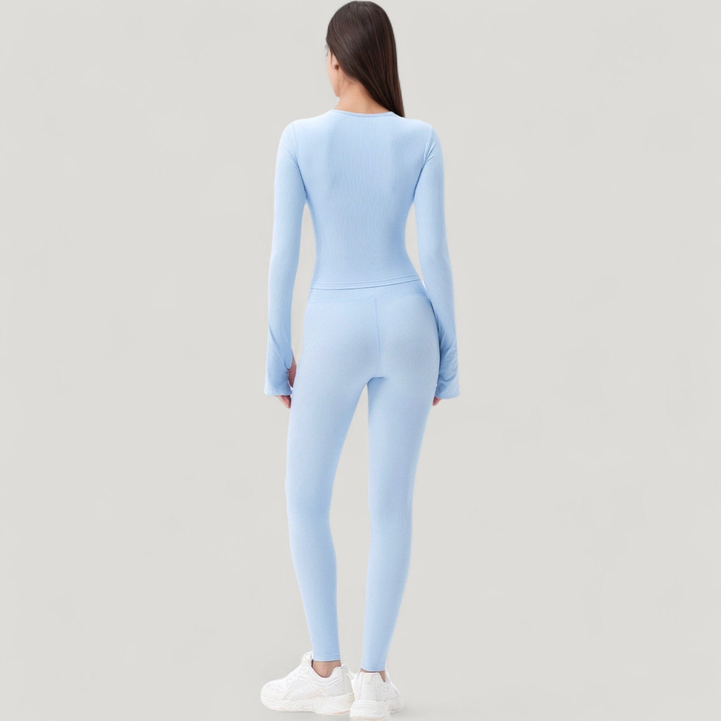 Long Sleeve Ribbed Knit Fitted Top with Asymmetrical Neckline and Thumbhole Cuffs