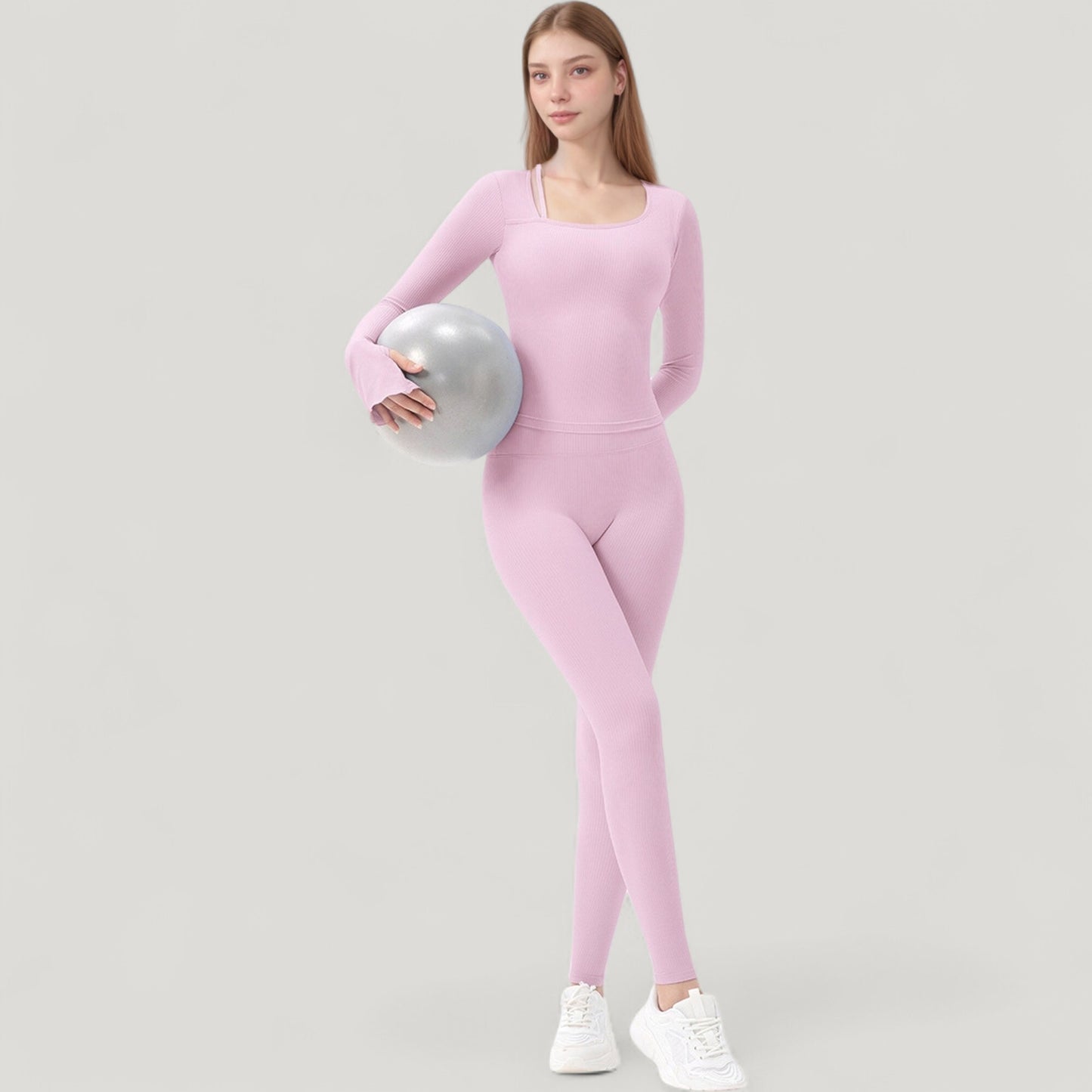 Long Sleeve Ribbed Knit Fitted Top with Asymmetrical Neckline and Thumbhole Cuffs
