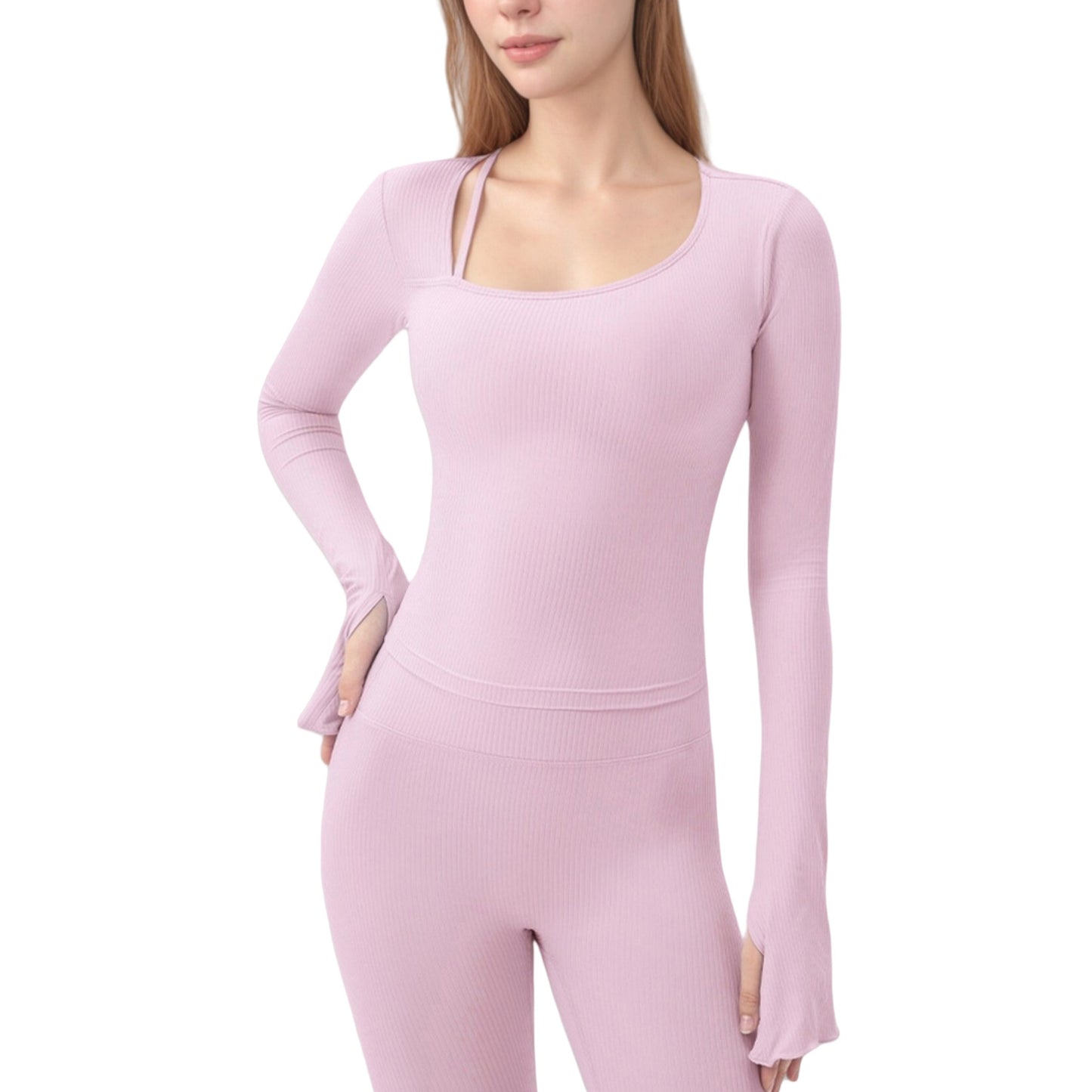 Long Sleeve Ribbed Knit Fitted Top with Asymmetrical Neckline and Thumbhole Cuffs