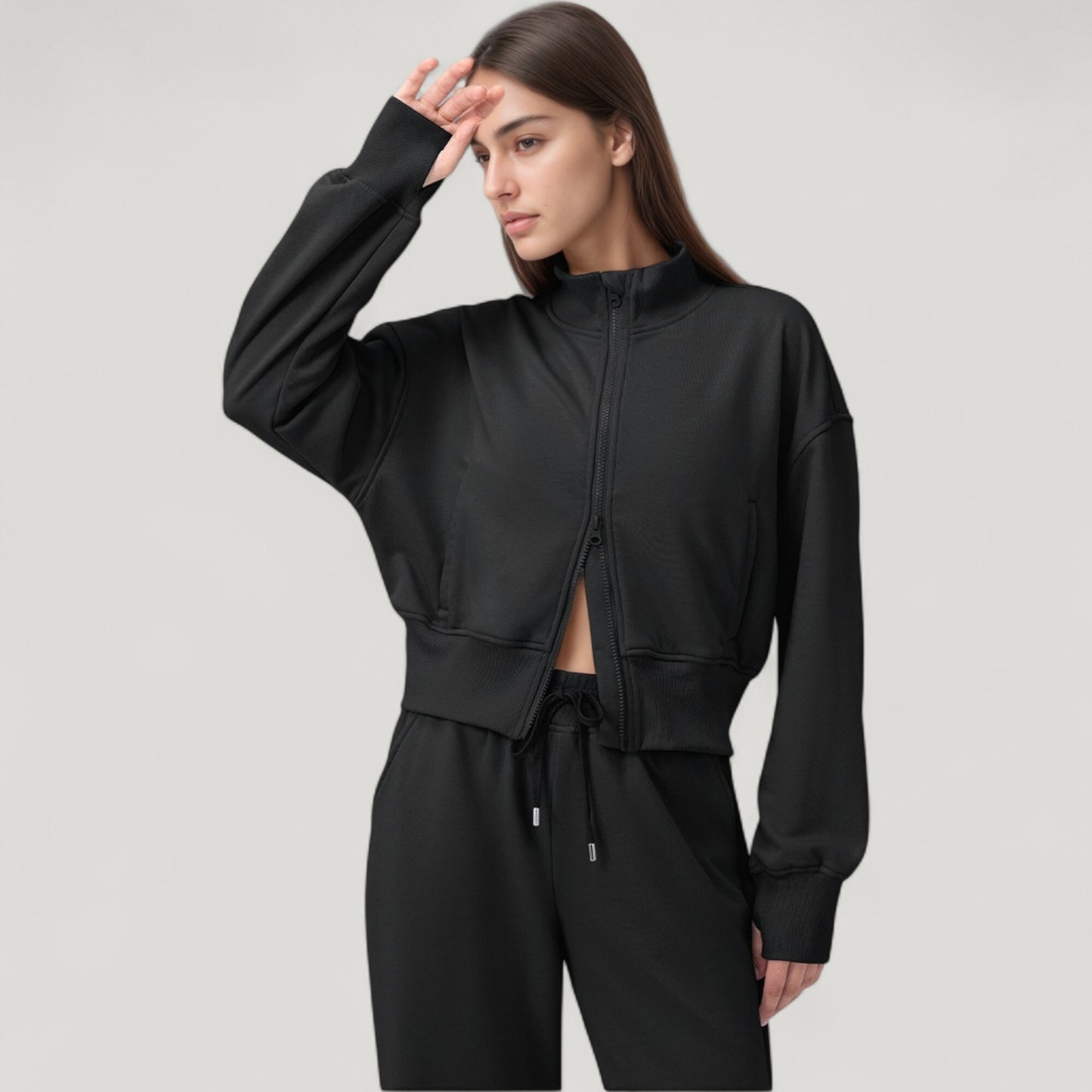 Cropped Zip-Up Jacket with High Collar and Long Sleeves
