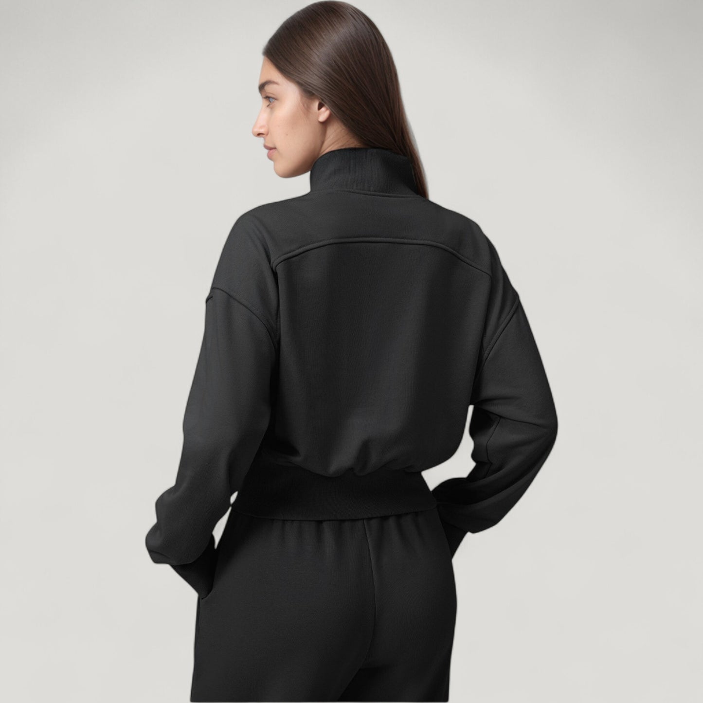 Cropped Zip-Up Jacket with High Collar and Long Sleeves