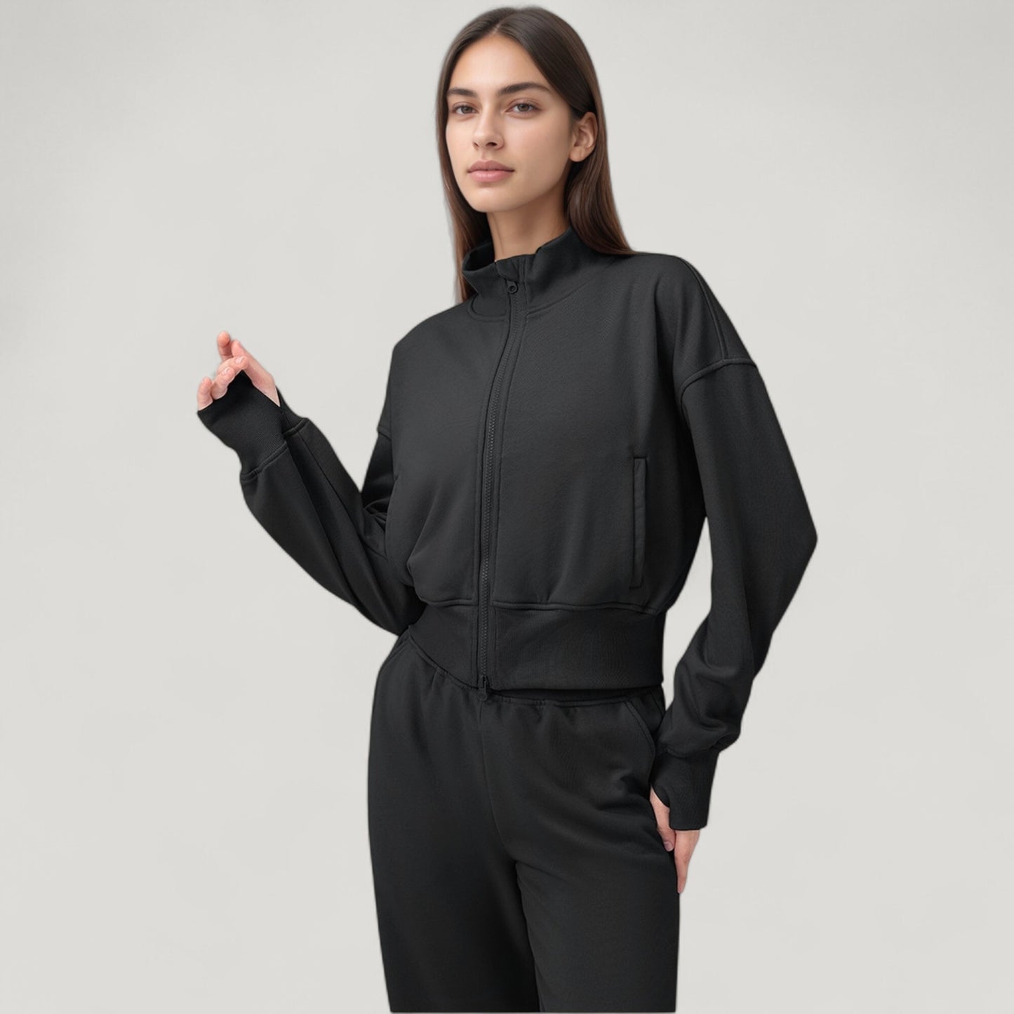 Cropped Zip-Up Jacket with High Collar and Long Sleeves
