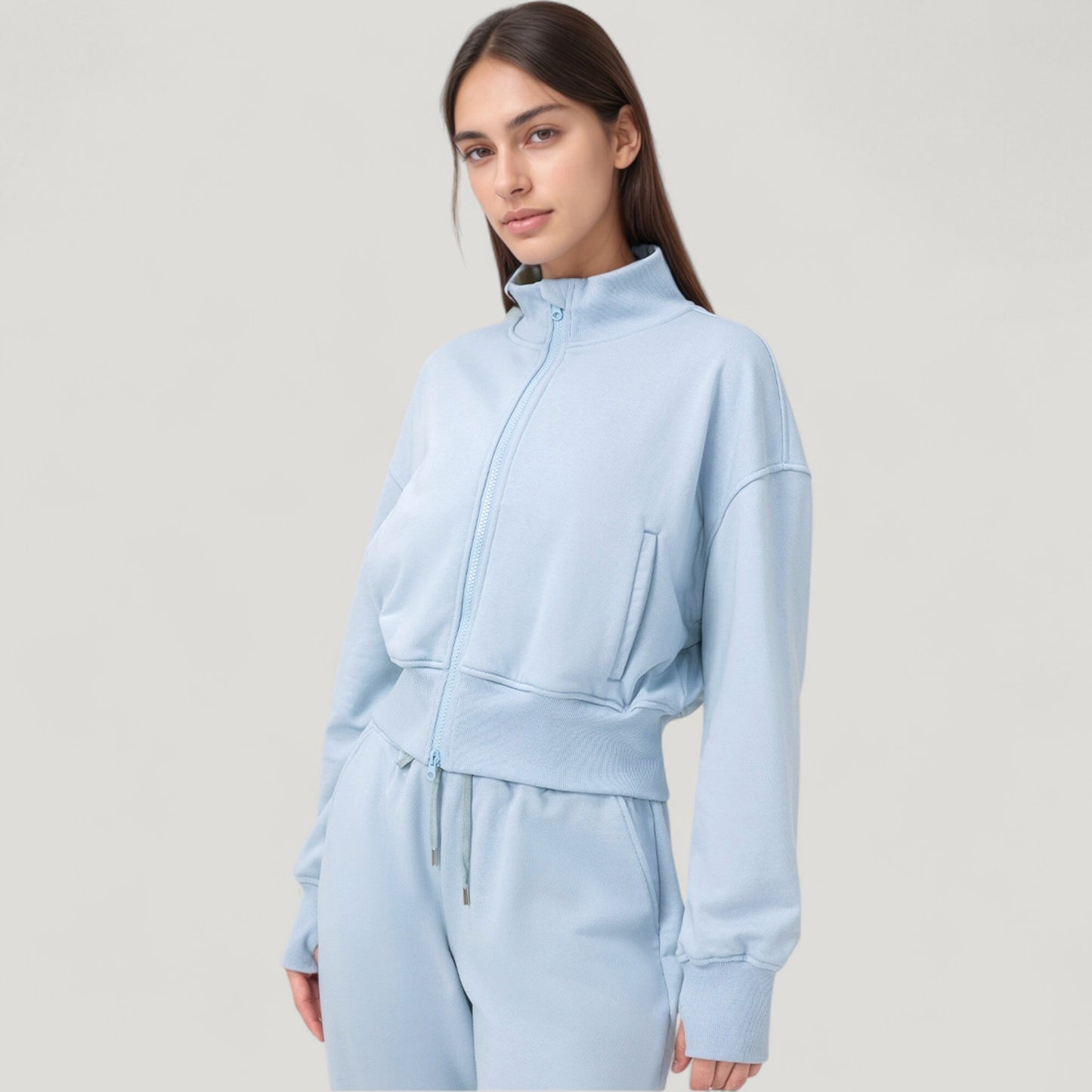Cropped Zip-Up Jacket with High Collar and Long Sleeves