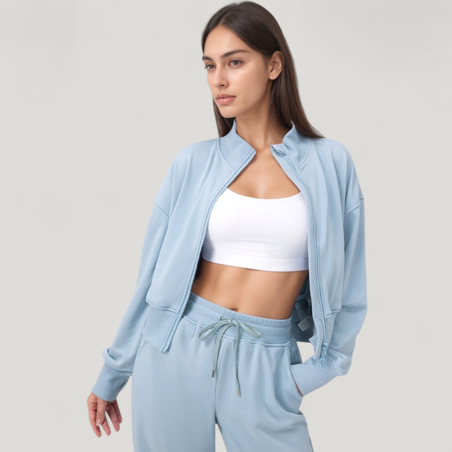 Cropped Zip-Up Jacket with High Collar and Long Sleeves