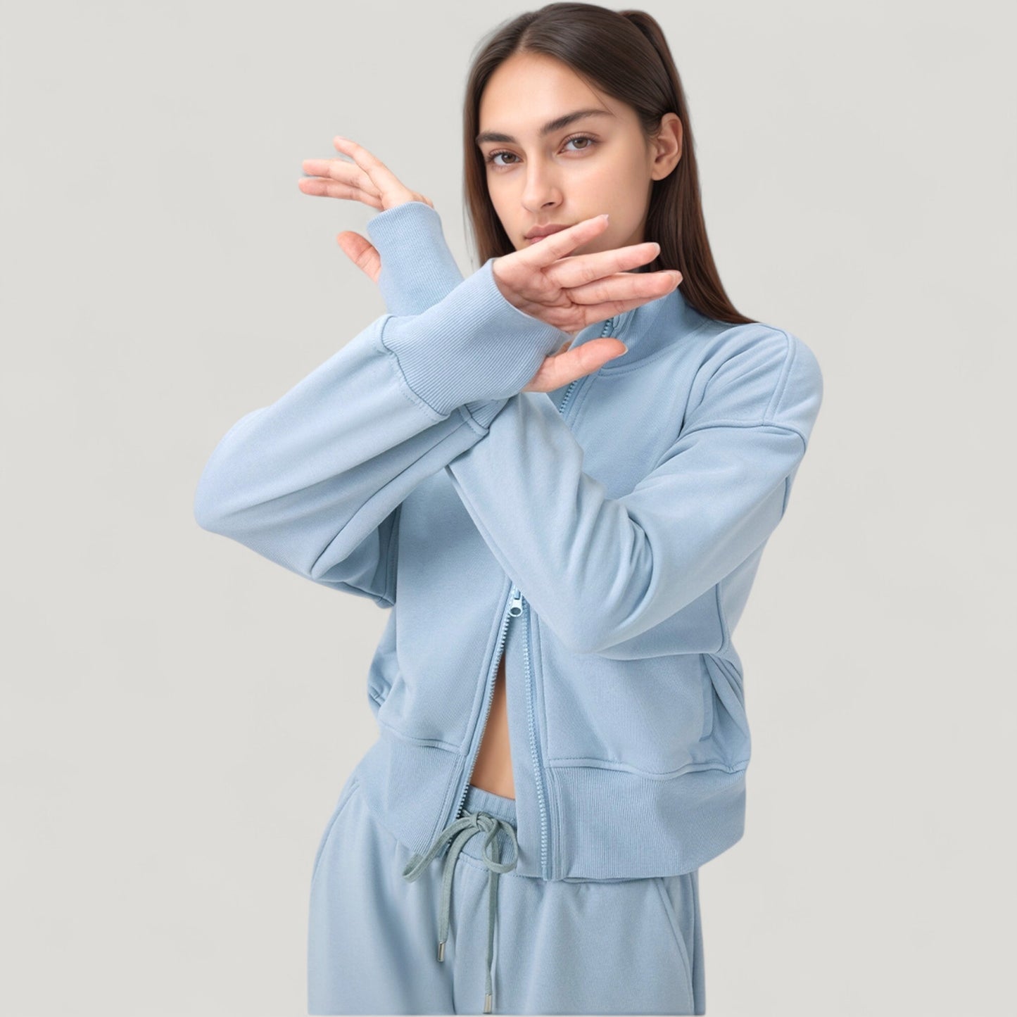 Cropped Zip-Up Jacket with High Collar and Long Sleeves